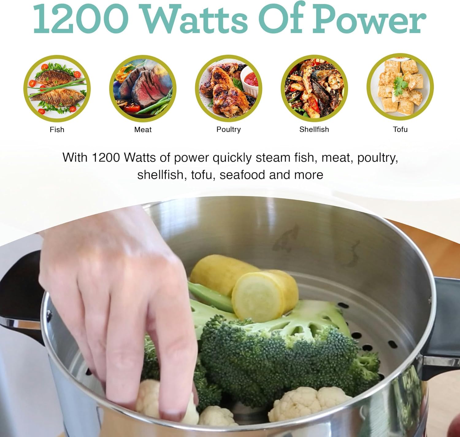 Euro Cuisine FS3200 Electric Food Steamer, Versatile Vegetable Steamer & Steam Cooker for Healthy Cooking, Ideal for Fish, Veggie, Meat, Easy Cleaning, Stainless Steel Design 1200 Watts4