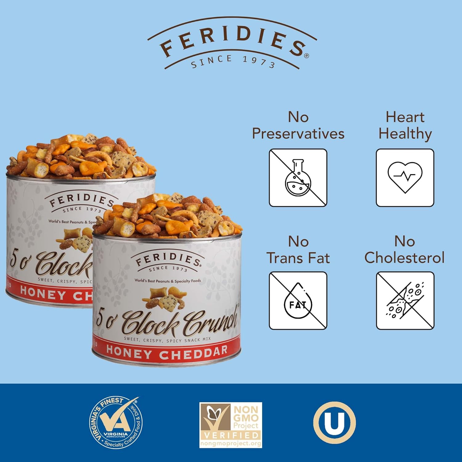 FERIDIES 5 O'Clock Crunch Honey Cheddar Snack Mix- Value 2 Pack - 28oz Vacuum Sealed Tins1