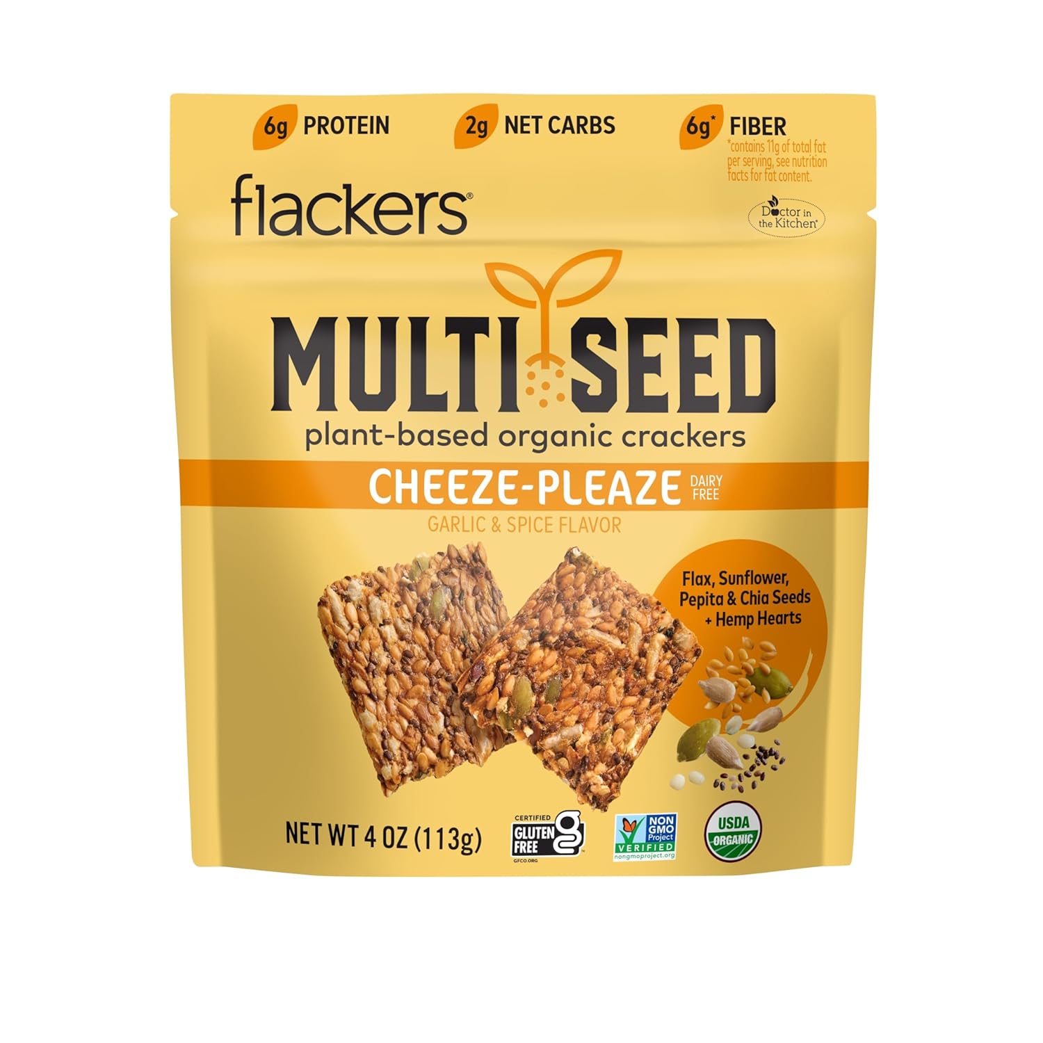 Flackers Organic Cheeze-Pleaze Multi-Seed Crackers, 4 Ounce 6-Pack, Gluten Free, Non GMO, Vegan, Keto Snack, 6g protein, 6g Fiber, 2g Net Carbs Flackers Organic Cheeze-Pleaze Multi-Seed Crackers, 4 Ounce 6-Pack, Gluten Free, Non GMO, Vegan, Keto Snack, 6g protein, 6g Fiber, 2g Net Carbs