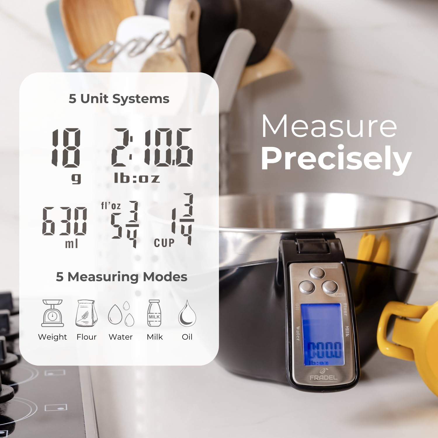 Fradel Digital Kitchen Food Scale & Mixing Bowl - Measuring Cup Scale in Grams & Ounces for Cooking, Baking, Diet, Gifting - Stainless Steel, Dishwasher-Safe Removable Bowl - 11lb Capacity - Black3