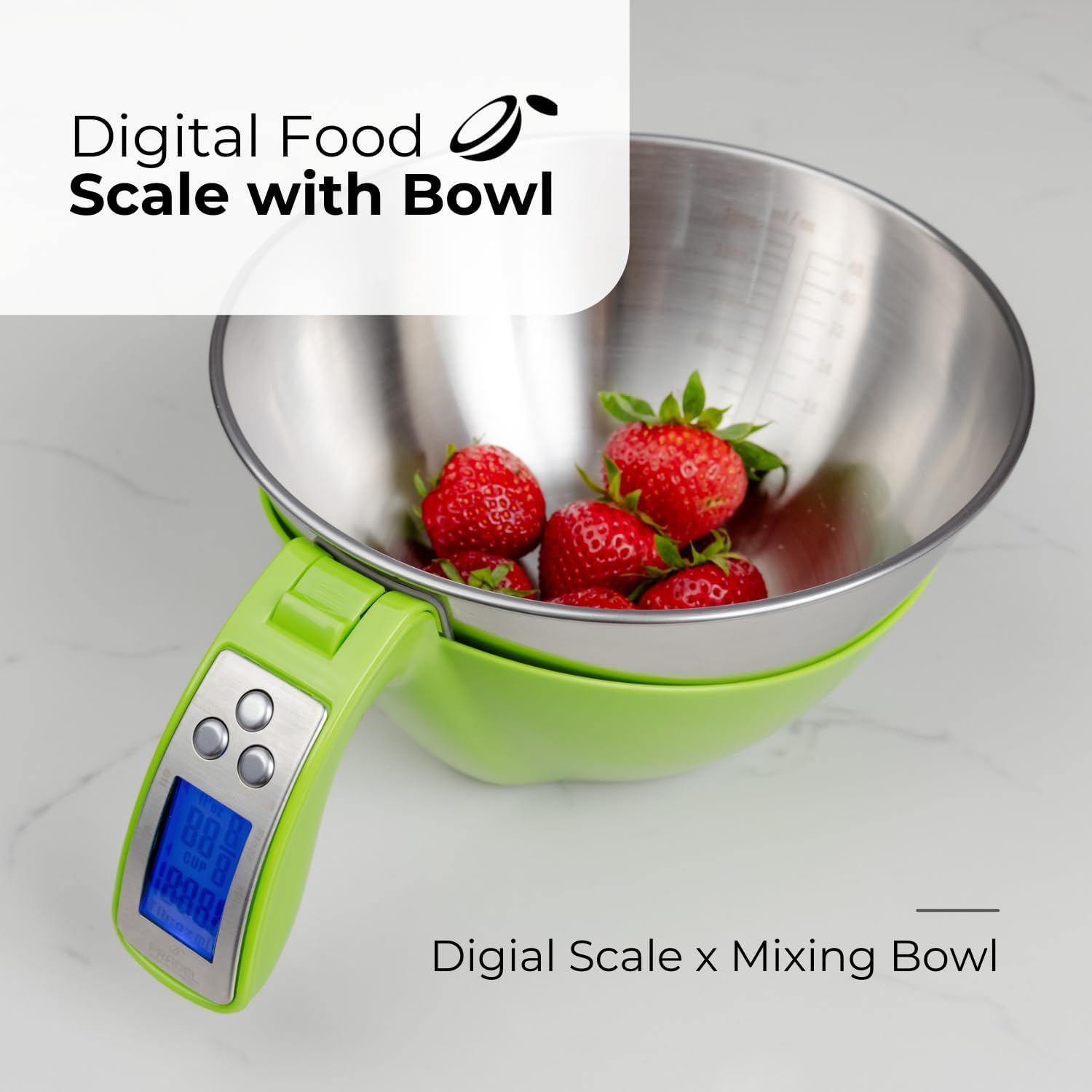 Fradel Digital Kitchen Food Scale & Mixing Bowl - Measuring Cup Scale in Grams & Ounces for Cooking, Baking, Diet, Gifting - Stainless Steel, Dishwasher-Safe Removable Bowl - 11lb Capacity - Green1
