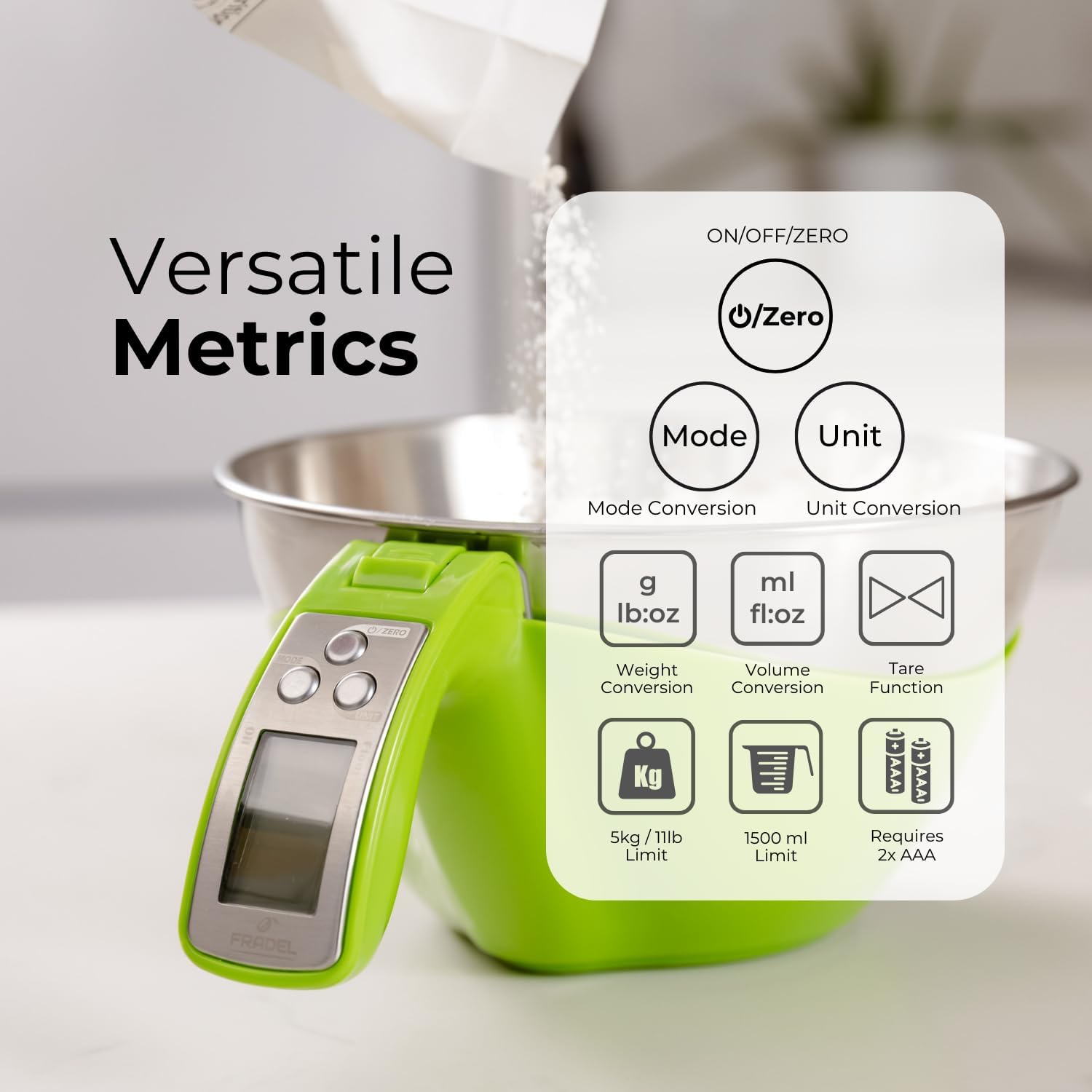 Fradel Digital Kitchen Food Scale & Mixing Bowl - Measuring Cup Scale in Grams & Ounces for Cooking, Baking, Diet, Gifting - Stainless Steel, Dishwasher-Safe Removable Bowl - 11lb Capacity - Green4