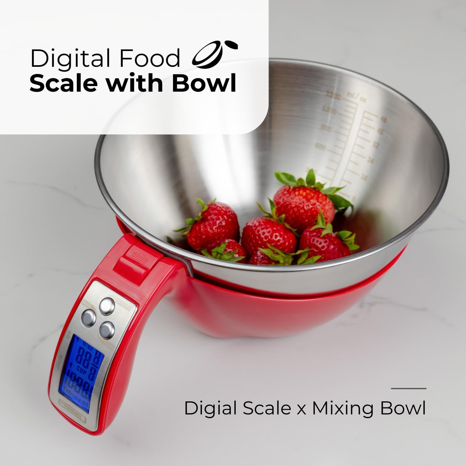 Fradel Digital Kitchen Food Scale & Mixing Bowl - Measuring Cup Scale in Grams & Ounces for Cooking, Baking, Diet, Gifting - Stainless Steel, Dishwasher-Safe Removable Bowl - 11lb Capacity - Red1