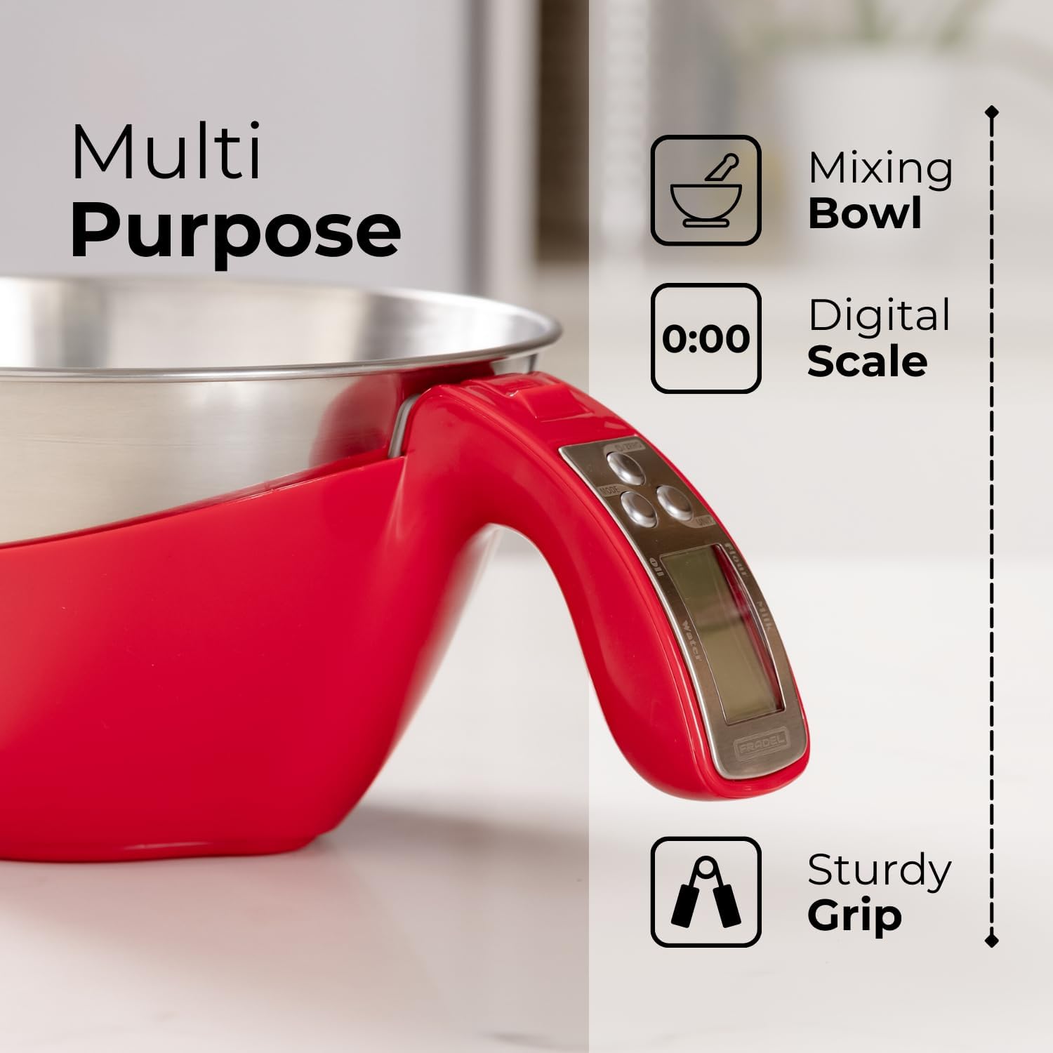 Fradel Digital Kitchen Food Scale & Mixing Bowl - Measuring Cup Scale in Grams & Ounces for Cooking, Baking, Diet, Gifting - Stainless Steel, Dishwasher-Safe Removable Bowl - 11lb Capacity - Red7