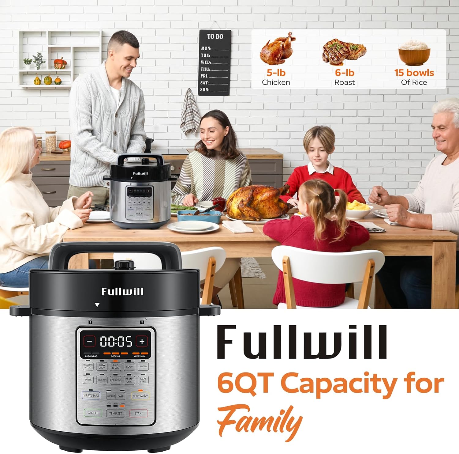 Fullwill Electric Pressure Cooker Uni 6qt, 9-in-1 Multi-Functional Slow Cooker, Rice Cooker, Yogurt Maker, Cake Maker, Sauté Pan, Steamer, Food Warmer, Soup Maker0