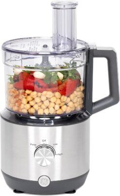 GE Food Processor |12 Cup | Complete with 3 Feeding Tubes & Stainless Steel Accessories-3 Discs + Dough Blade | 3 Speed | for Shredded Cheese, Chicken & More | Kitchen Essentials | 550 Watts