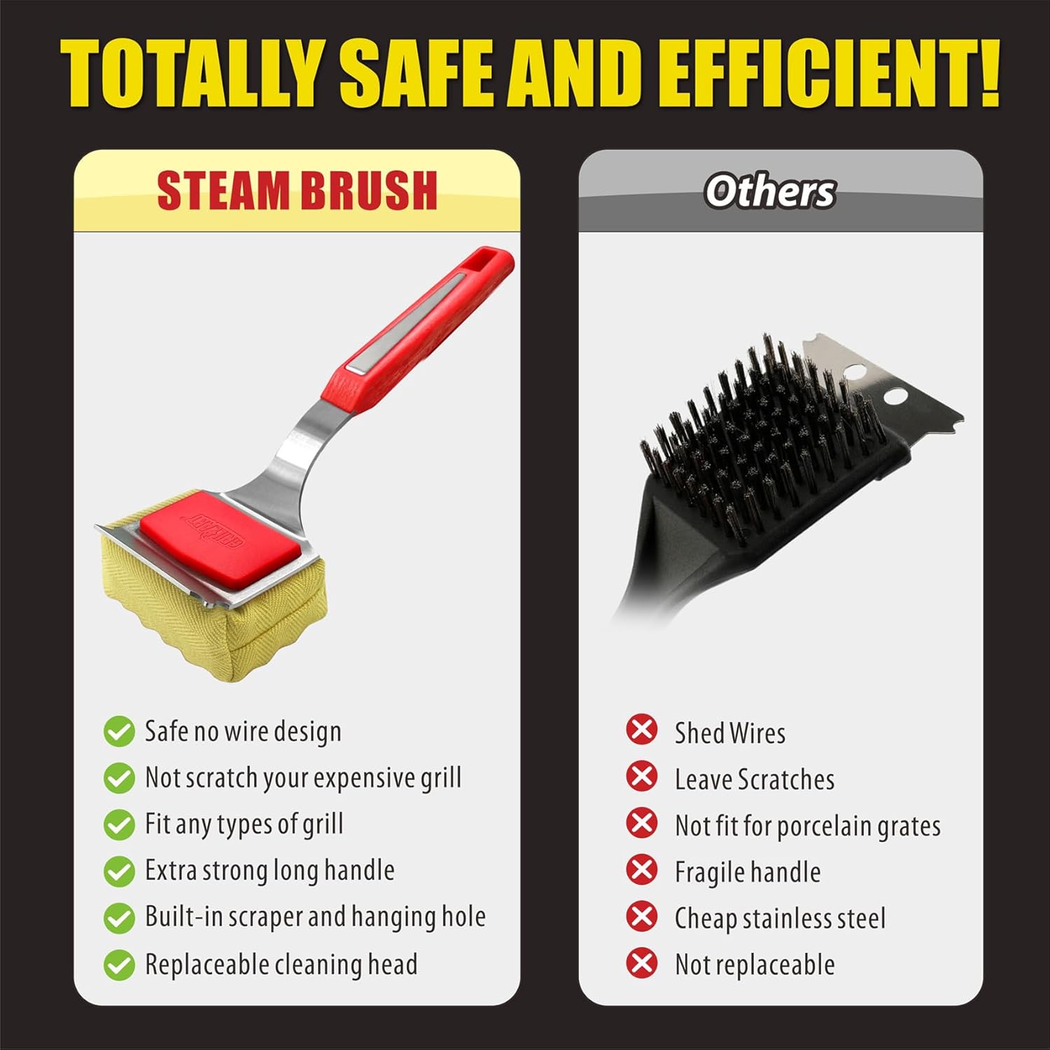 GRILLART Grill Brush Bristle Free. SteamWizards BBQ Replaceable Cleaning Head, Unique Seamless-Fit Scraper Tool for Cast Iron Stainless-Steel Grates, Safe Barbecue Grill Cleaner-Red-