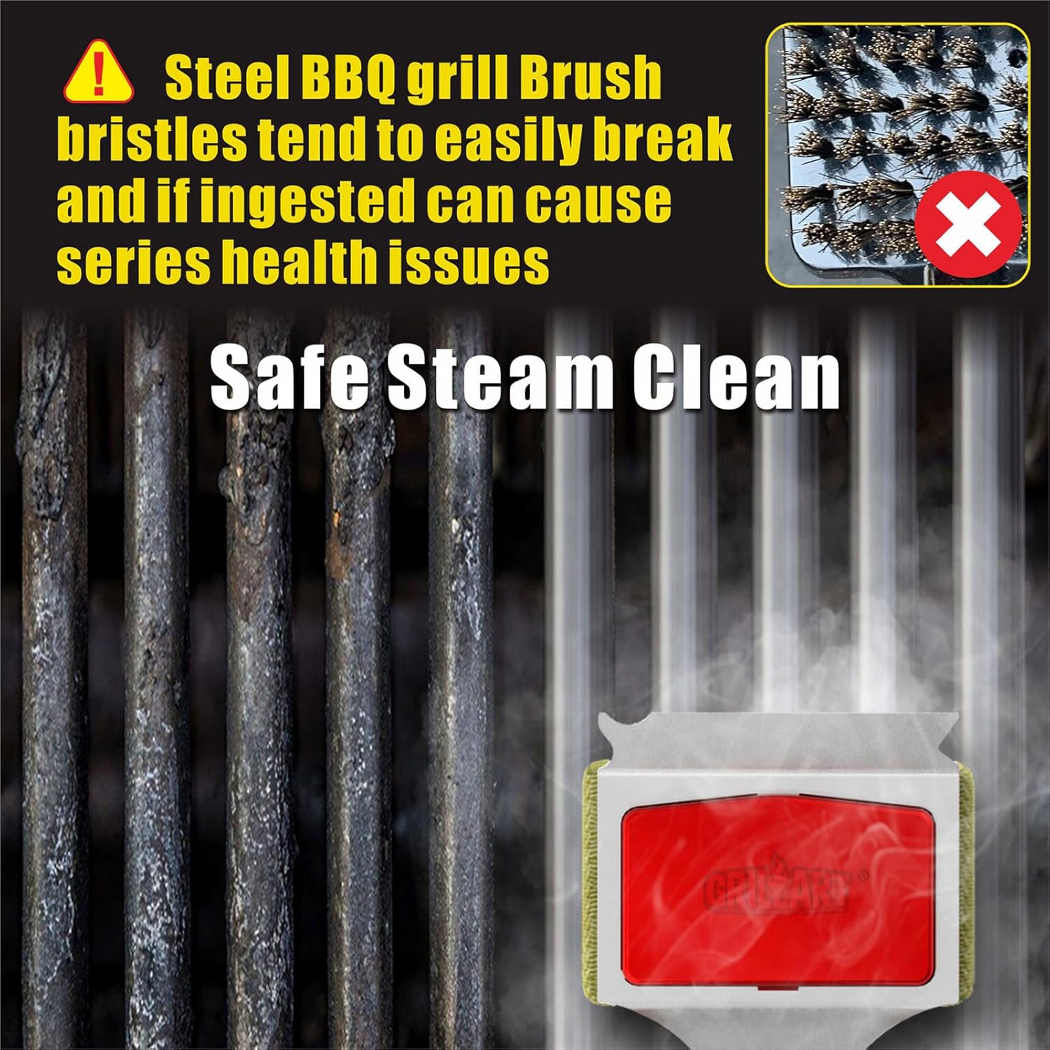 GRILLART Grill Brush Bristle Free. SteamWizards BBQ Replaceable Cleaning Head, Unique Seamless-Fit Scraper Tool for Cast Iron Stainless-Steel Grates, Safe Barbecue Grill Cleaner-Red0