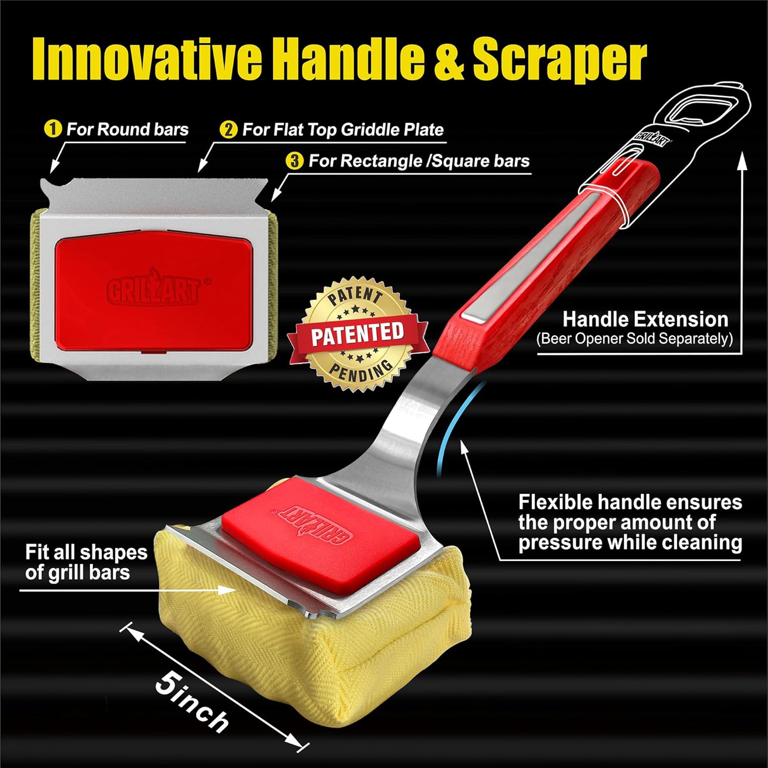 GRILLART Grill Brush Bristle Free. SteamWizards BBQ Replaceable Cleaning Head, Unique Seamless-Fit Scraper Tool for Cast Iron Stainless-Steel Grates, Safe Barbecue Grill Cleaner-Red4