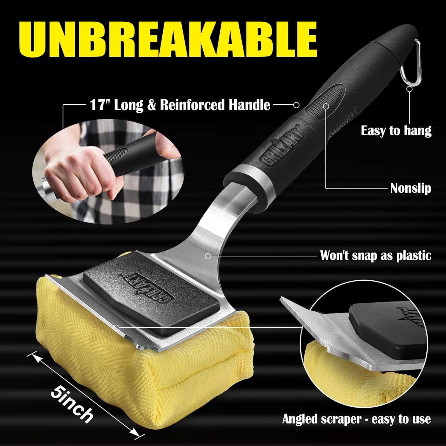 GRILLART Grill Brush for Outdoor Grill Bristle Free - Reinforced Grill Cleaner Scraper BBQ Brush - Replaceable Head Barbecue Grill Cleaning Brush - Safe BBQ Accessories Grill Tools - Gifts for Men Dad5