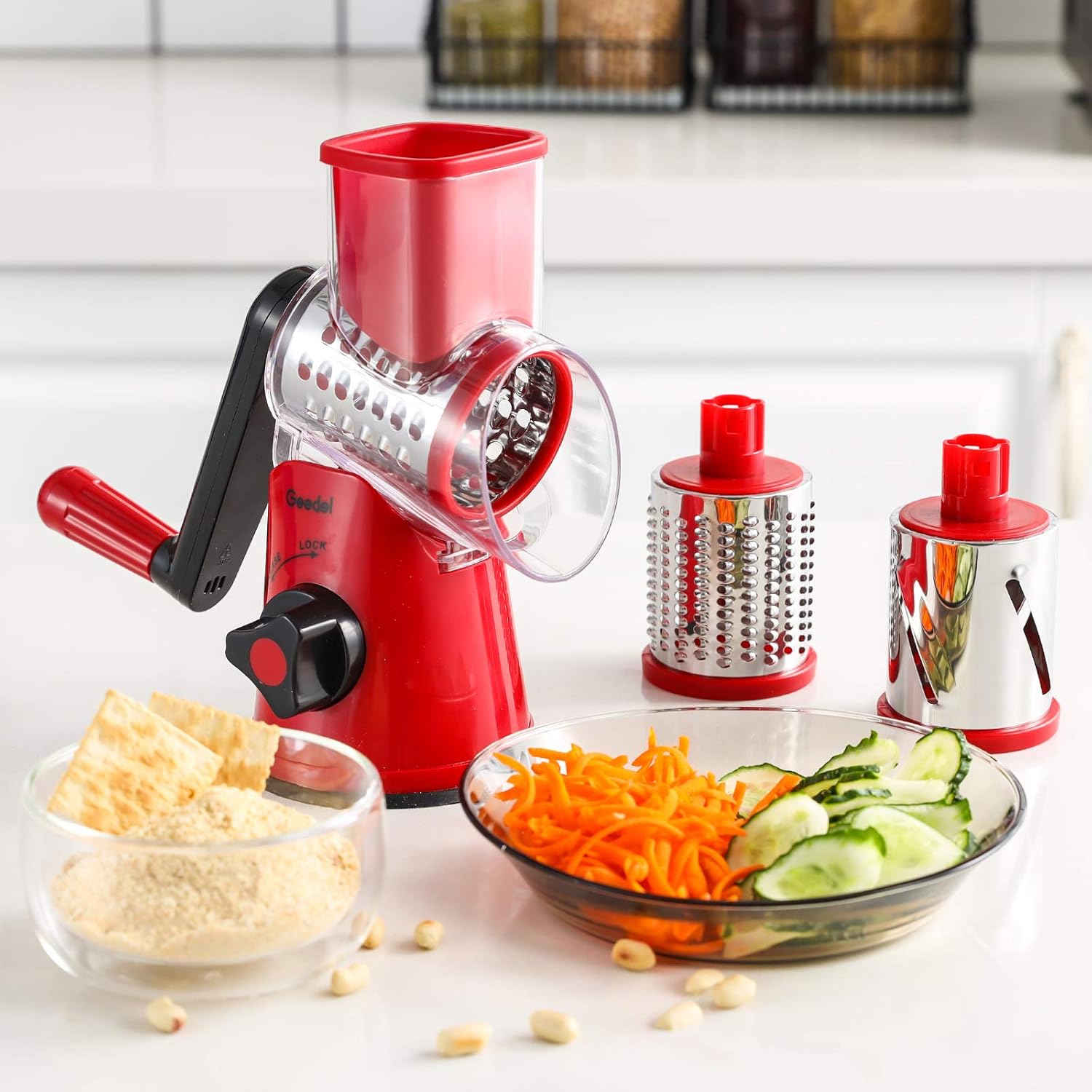 Geedel Rotary Cheese Grater, Kitchen Mandoline Vegetable Slicer with 3 Interchangeable Blades, Easy to Clean Grater for Fruit, Vegetables, Nuts-