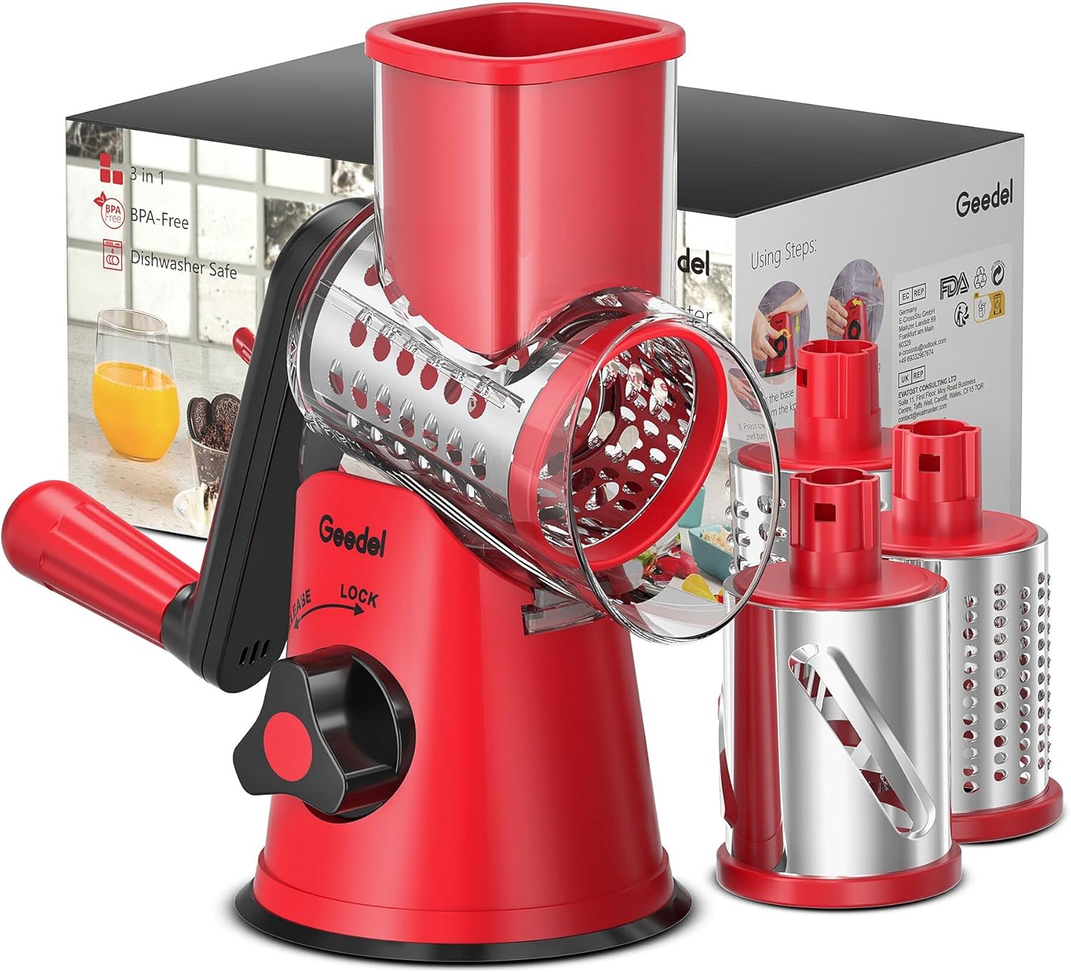 Geedel Rotary Cheese Grater, Kitchen Mandoline Vegetable Slicer with 3 Interchangeable Blades, Easy to Clean Grater for Fruit, Vegetables, Nuts Geedel Rotary Cheese Grater, Kitchen Mandoline Vegetable Slicer with 3 Interchangeable Blades, Easy to Clean Grater for Fruit, Vegetables, Nuts