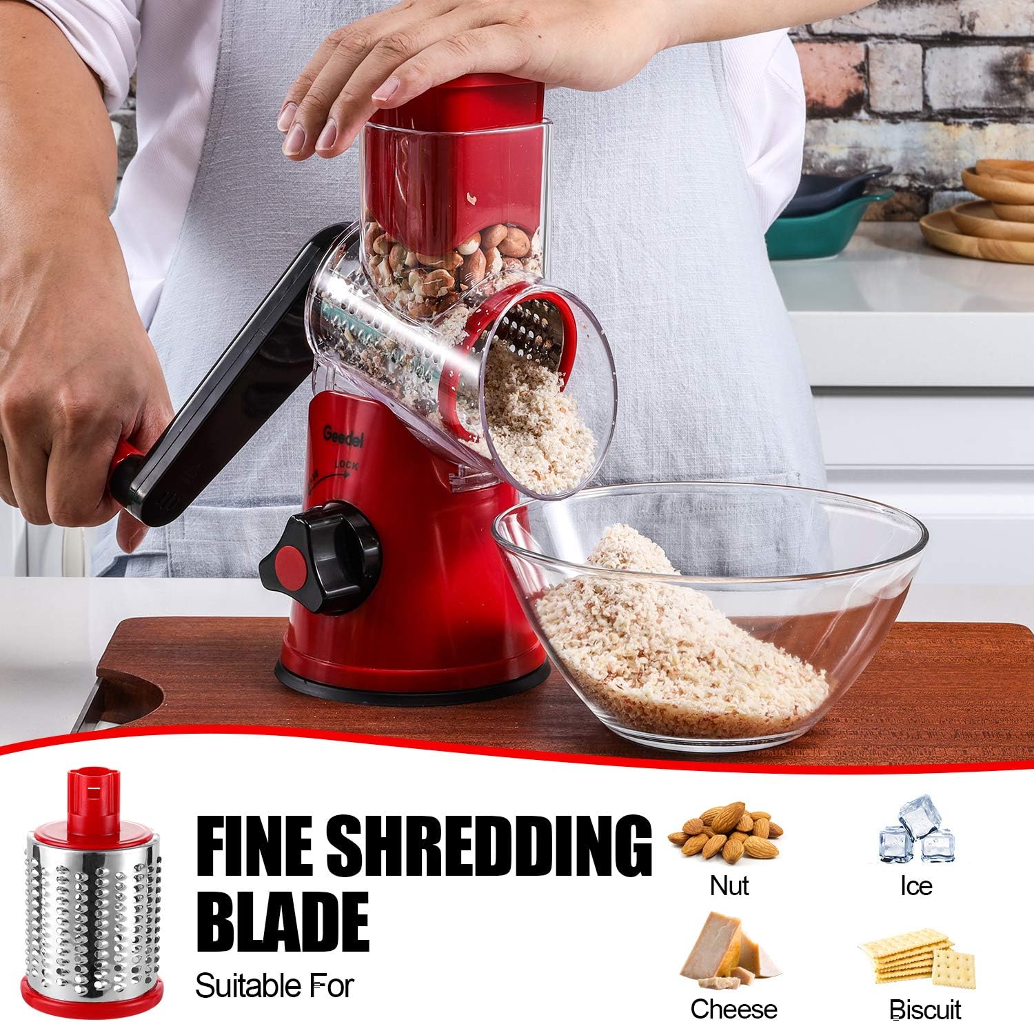 Geedel Rotary Cheese Grater, Kitchen Mandoline Vegetable Slicer with 3 Interchangeable Blades, Easy to Clean Grater for Fruit, Vegetables, Nuts0