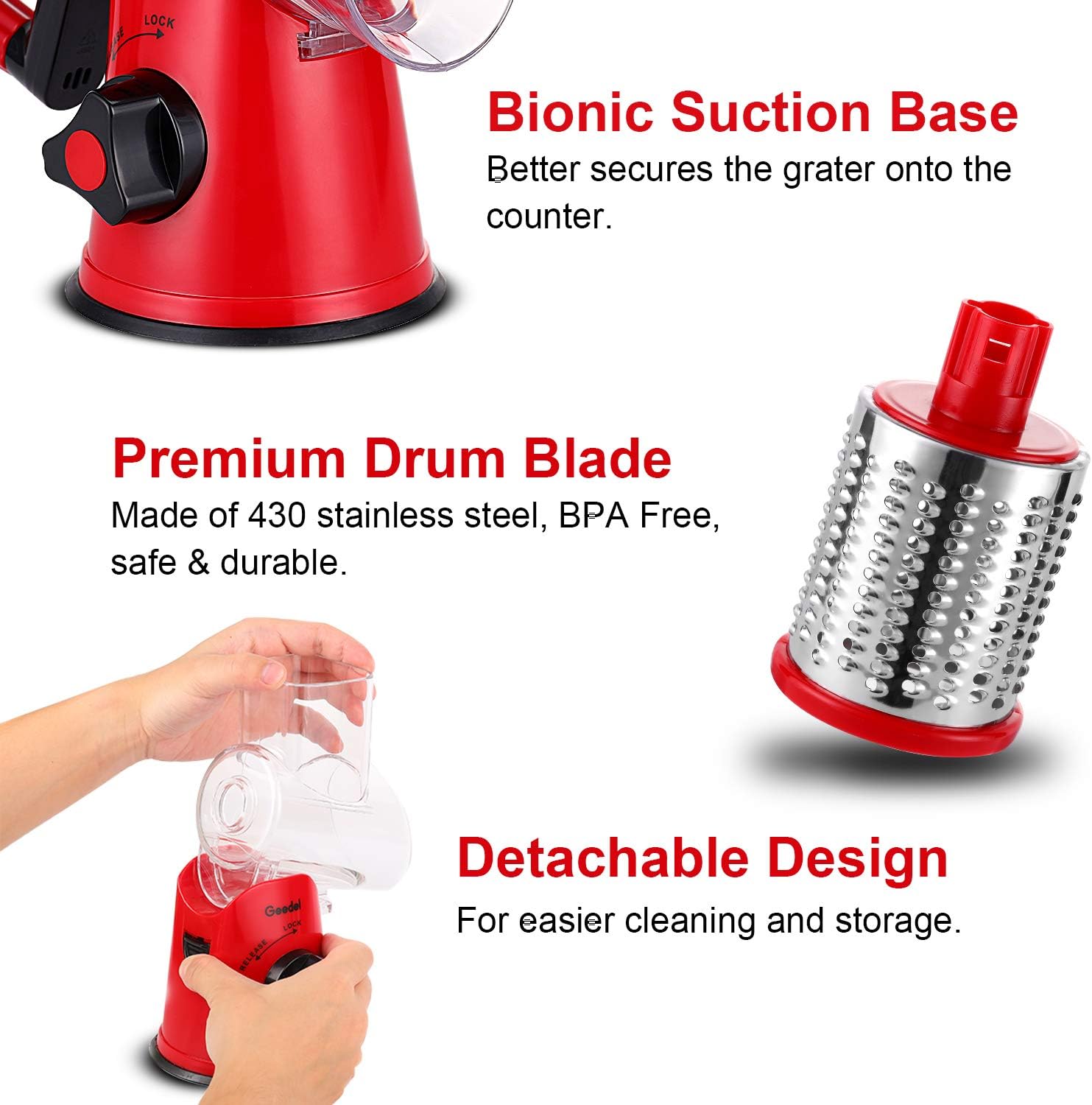 Geedel Rotary Cheese Grater, Kitchen Mandoline Vegetable Slicer with 3 Interchangeable Blades, Easy to Clean Grater for Fruit, Vegetables, Nuts11