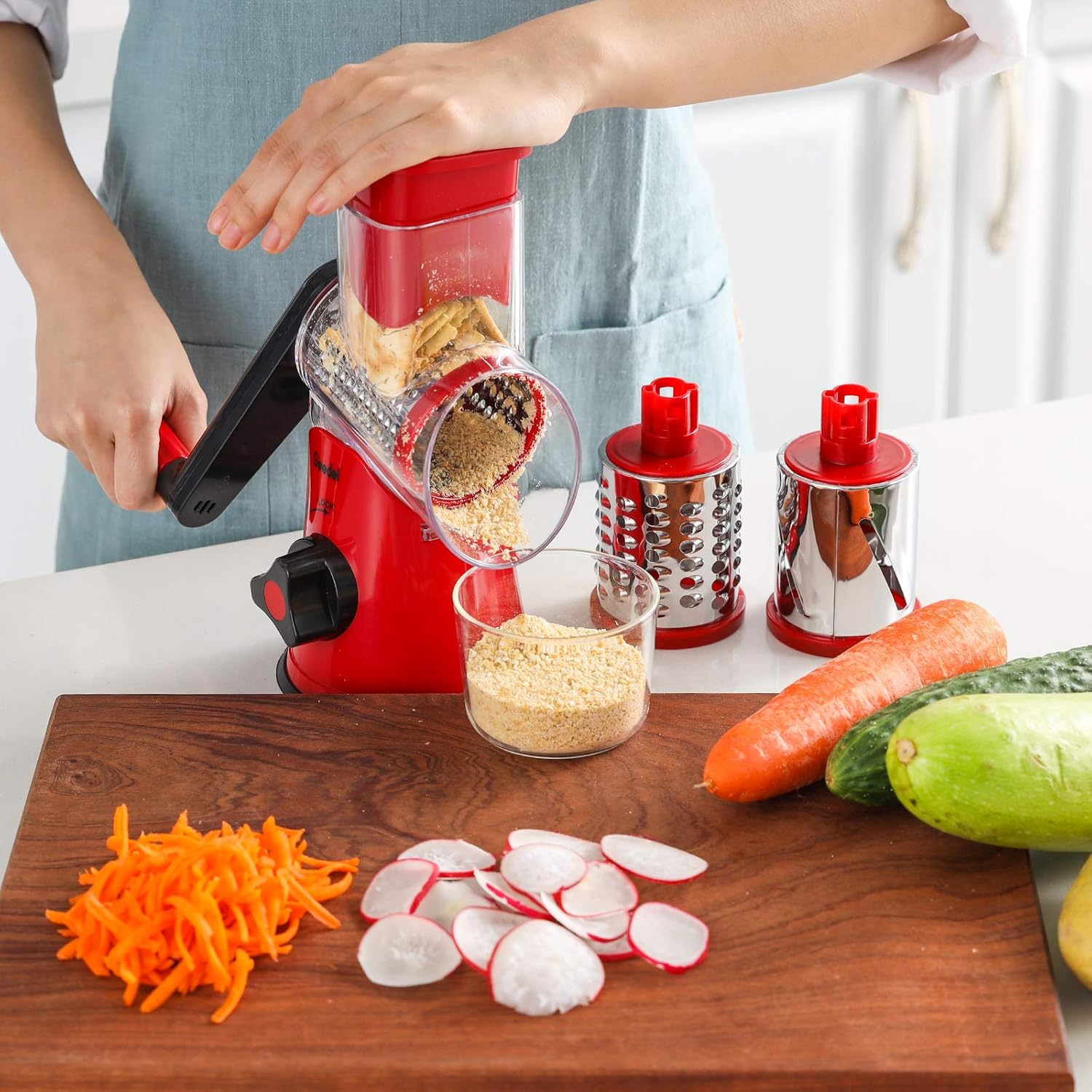 Geedel Rotary Cheese Grater, Kitchen Mandoline Vegetable Slicer with 3 Interchangeable Blades, Easy to Clean Grater for Fruit, Vegetables, Nuts12
