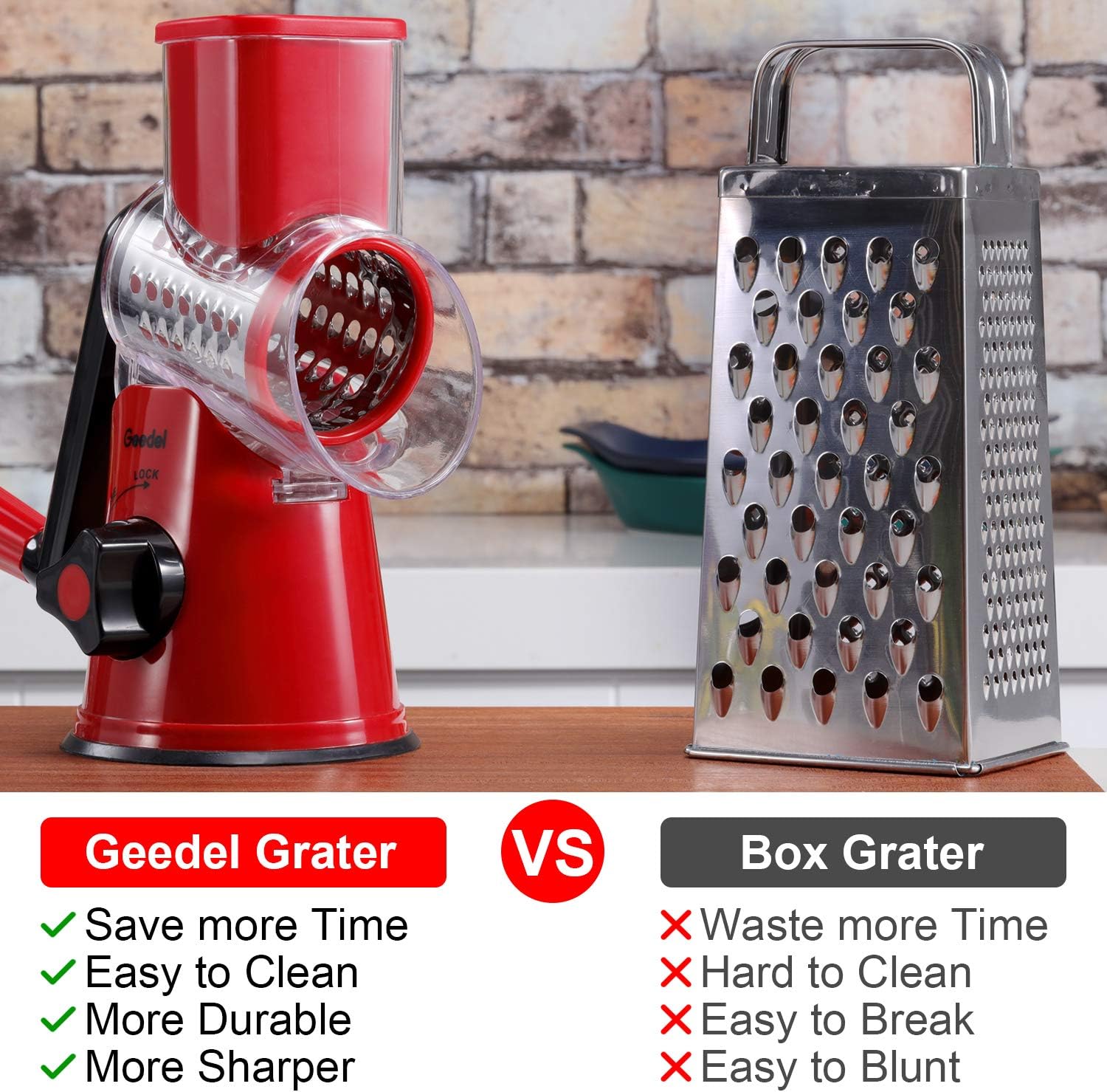 Geedel Rotary Cheese Grater, Kitchen Mandoline Vegetable Slicer with 3 Interchangeable Blades, Easy to Clean Grater for Fruit, Vegetables, Nuts2