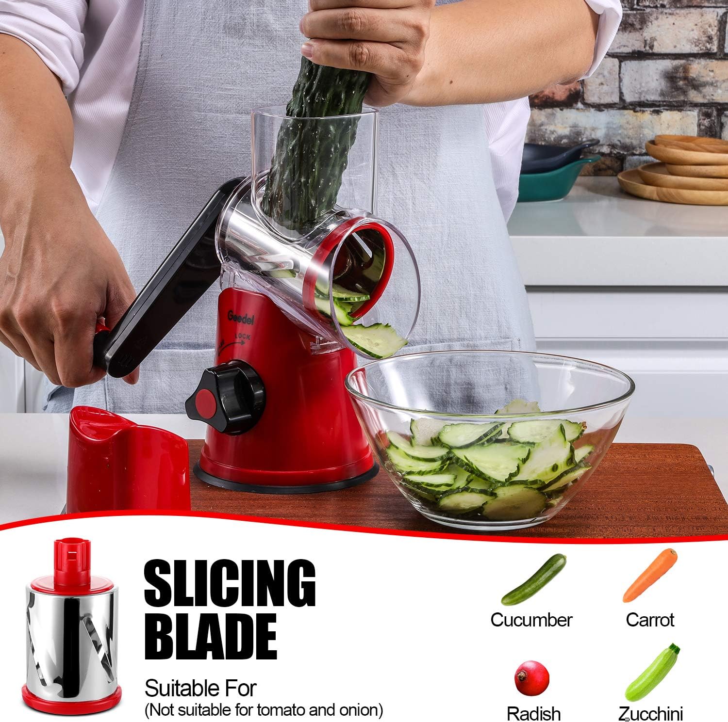 Geedel Rotary Cheese Grater, Kitchen Mandoline Vegetable Slicer with 3 Interchangeable Blades, Easy to Clean Grater for Fruit, Vegetables, Nuts5