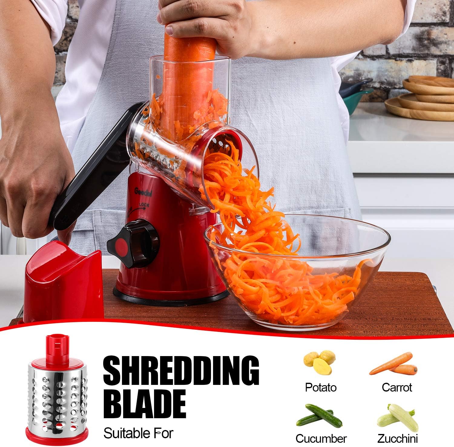 Geedel Rotary Cheese Grater, Kitchen Mandoline Vegetable Slicer with 3 Interchangeable Blades, Easy to Clean Grater for Fruit, Vegetables, Nuts8
