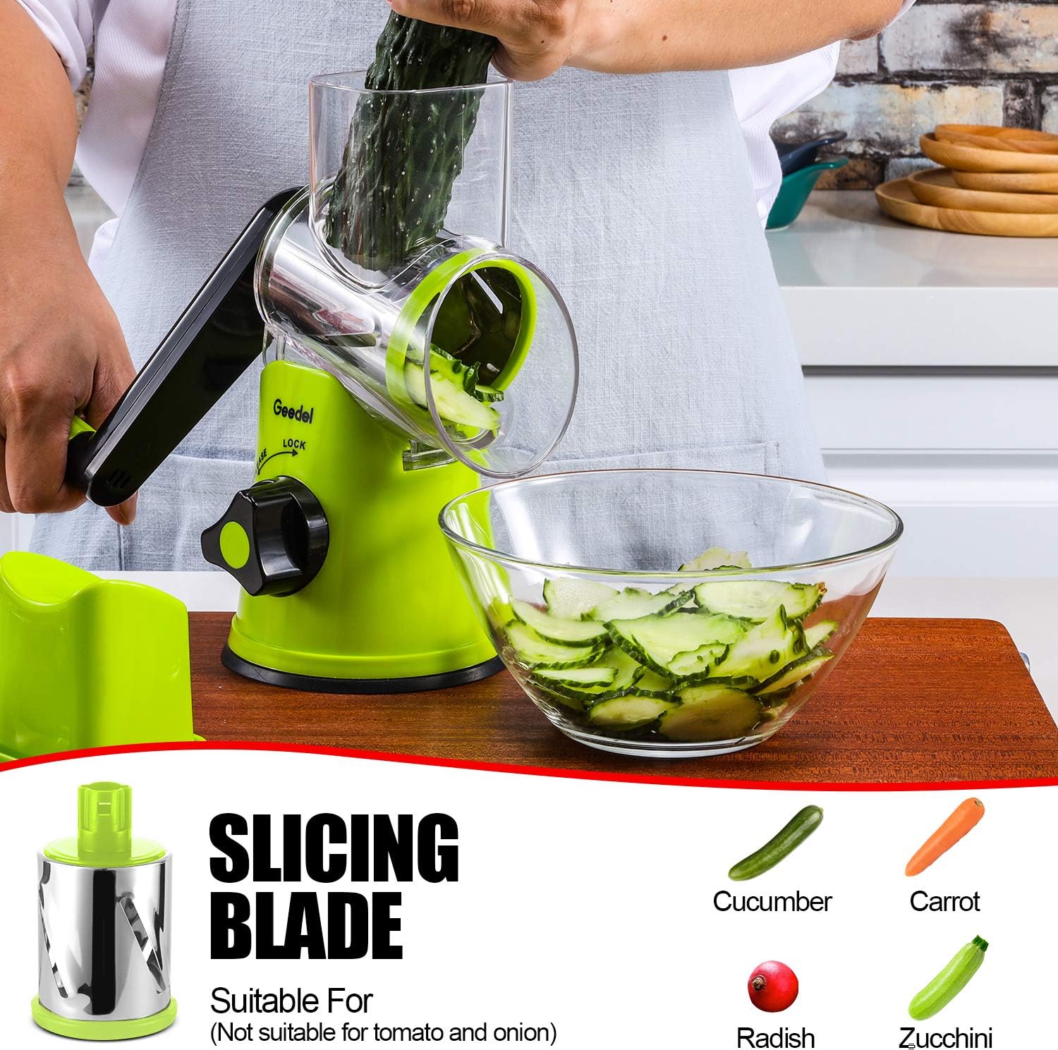Geedel Rotary Cheese Grater, Kitchen Mandoline Vegetable Slicer with 3 Interchangeable Blades, Easy to Clean Rotary Grater Slicer for Fruit, Vegetables, Nuts, Green Black3