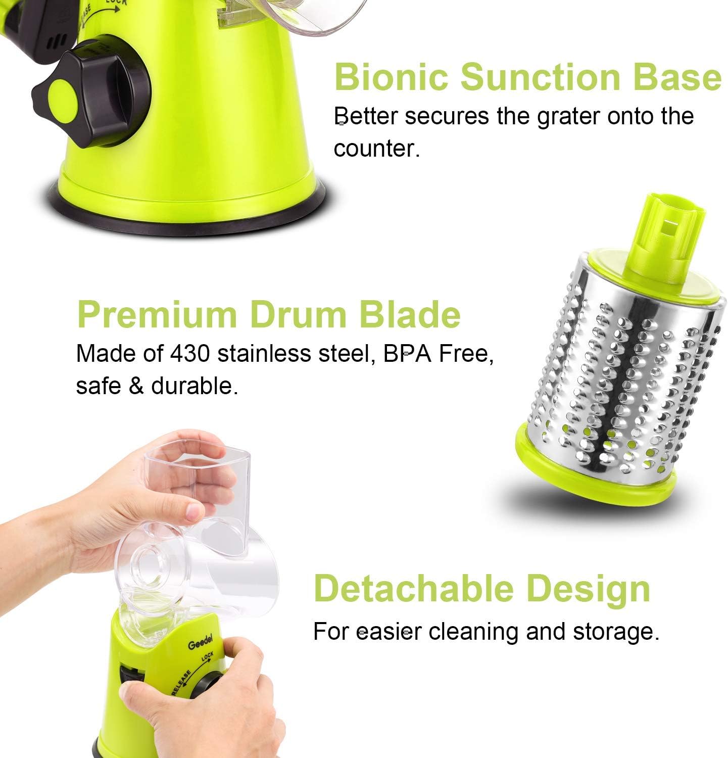 Geedel Rotary Cheese Grater, Kitchen Mandoline Vegetable Slicer with 3 Interchangeable Blades, Easy to Clean Rotary Grater Slicer for Fruit, Vegetables, Nuts, Green Black5