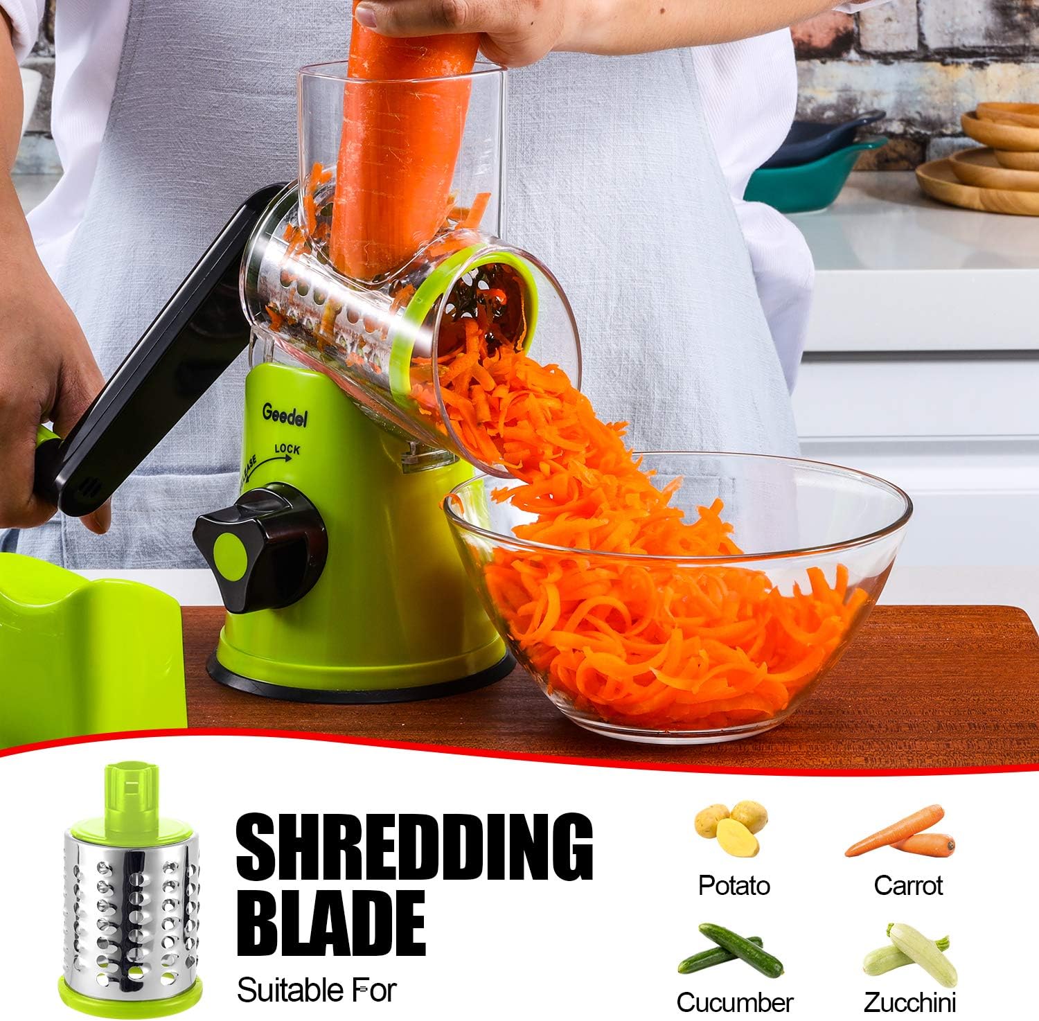 Geedel Rotary Cheese Grater, Kitchen Mandoline Vegetable Slicer with 3 Interchangeable Blades, Easy to Clean Rotary Grater Slicer for Fruit, Vegetables, Nuts, Green Black6