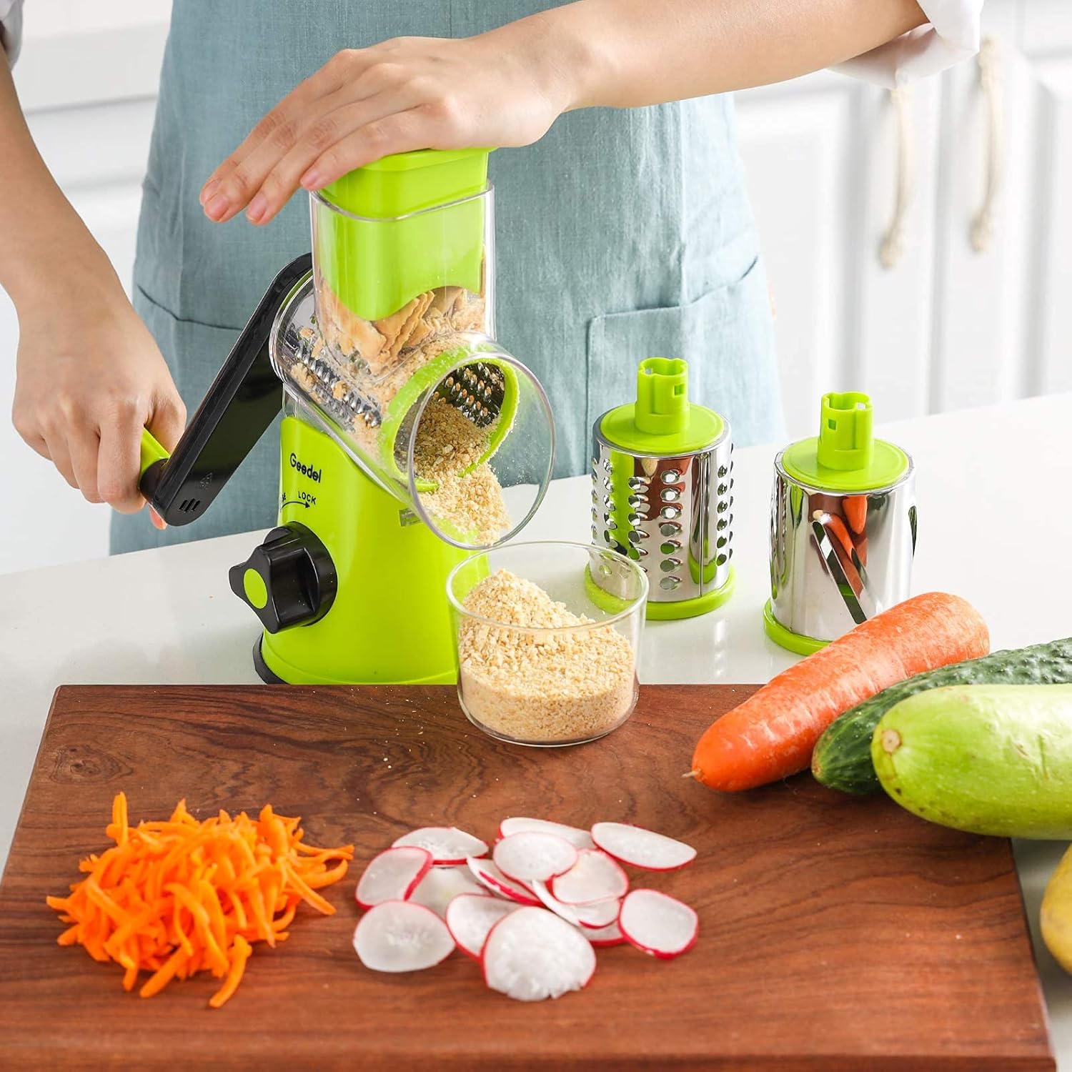 Geedel Rotary Cheese Grater, Kitchen Mandoline Vegetable Slicer with 3 Interchangeable Blades, Easy to Clean Rotary Grater Slicer for Fruit, Vegetables, Nuts, Green Black9