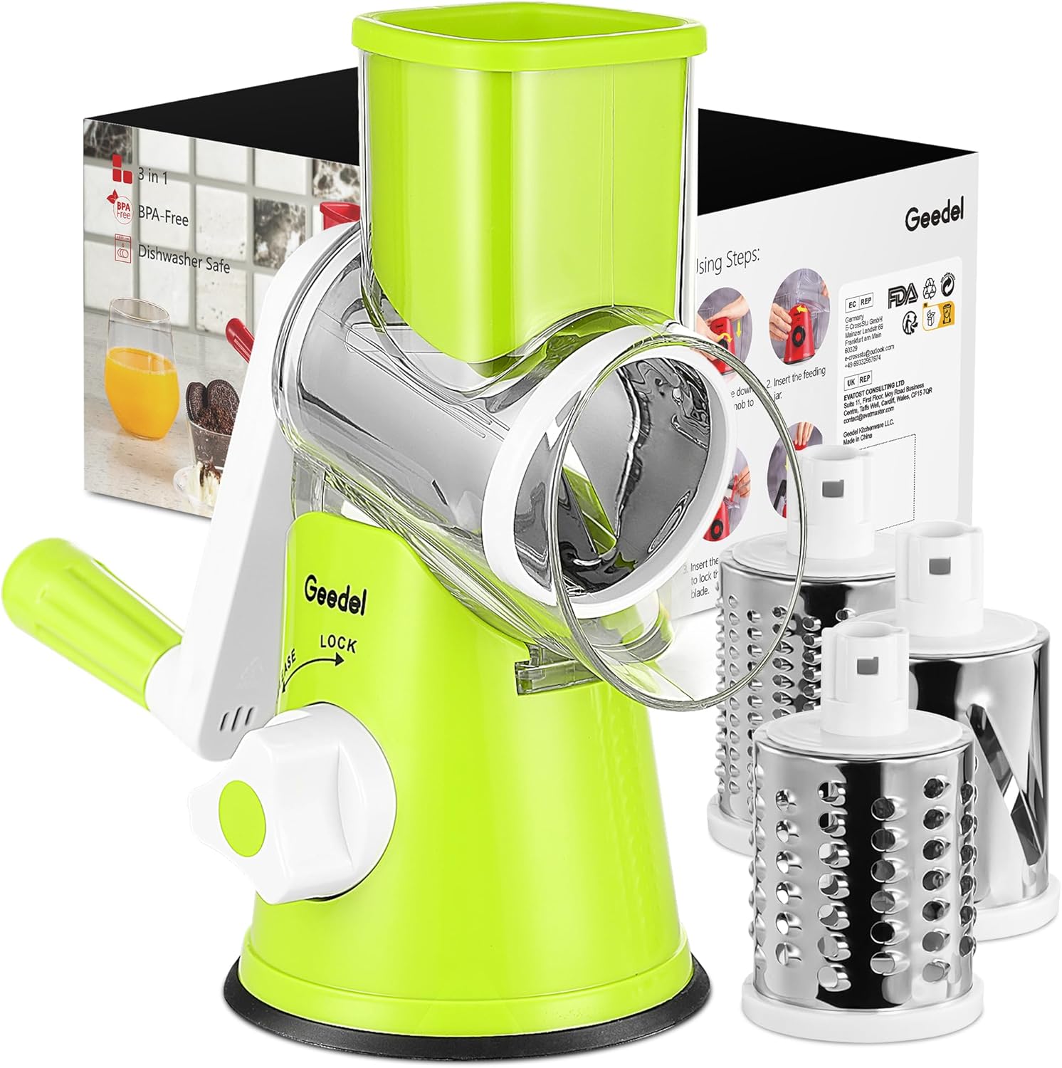 Geedel Rotary Cheese Grater, Kitchen Mandoline Vegetable Slicer with 3 Interchangeable Blades, Easy to Clean Rotary Grater Slicer for Fruit, Vegetables, Nuts, Green White Geedel Rotary Cheese Grater, Kitchen Mandoline Vegetable Slicer with 3 Interchangeable Blades, Easy to Clean Rotary Grater Slicer for Fruit, Vegetables, Nuts