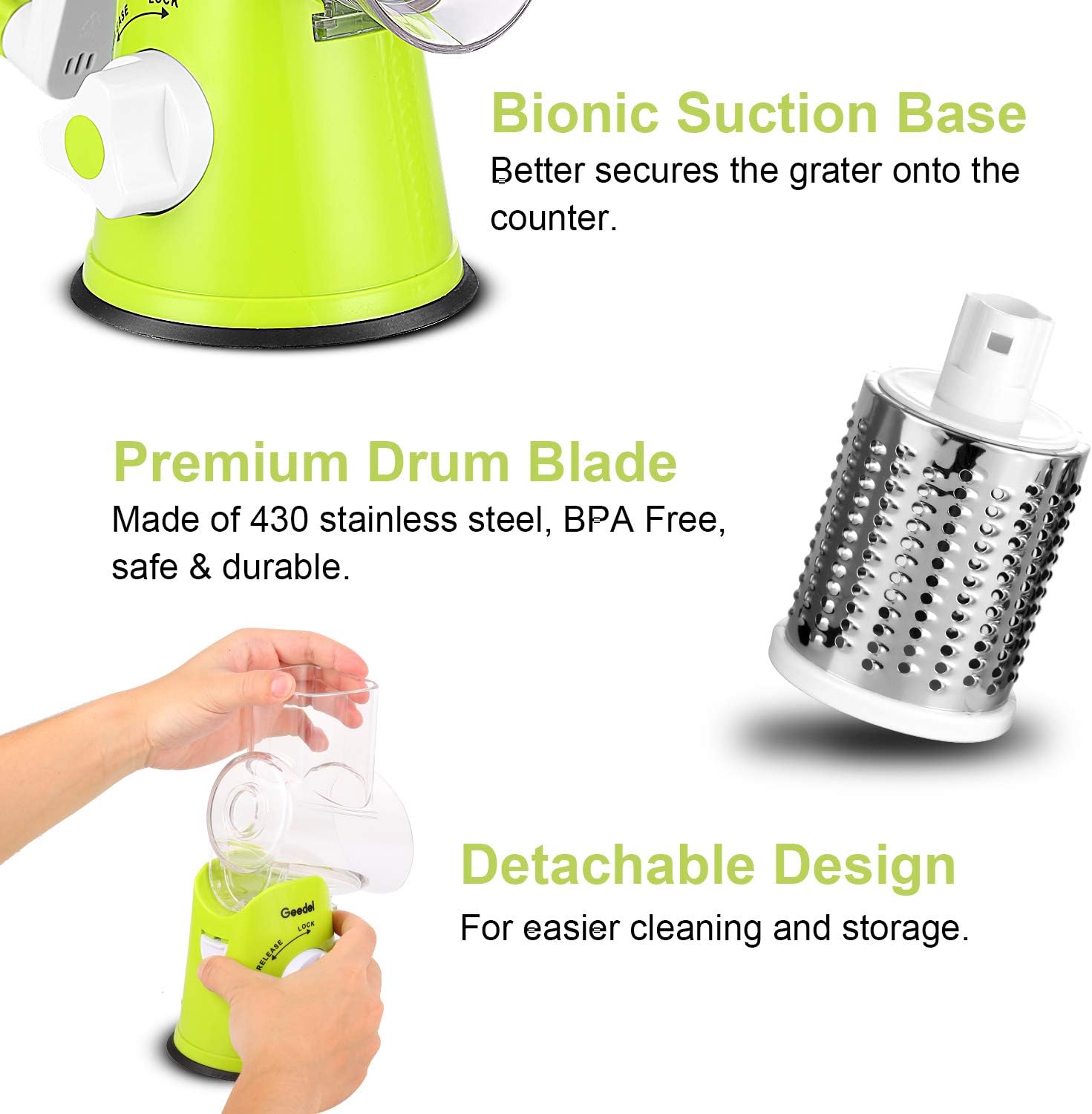 Geedel Rotary Cheese Grater, Kitchen Mandoline Vegetable Slicer with 3 Interchangeable Blades, Easy to Clean Rotary Grater Slicer for Fruit, Vegetables, Nuts, Green White0