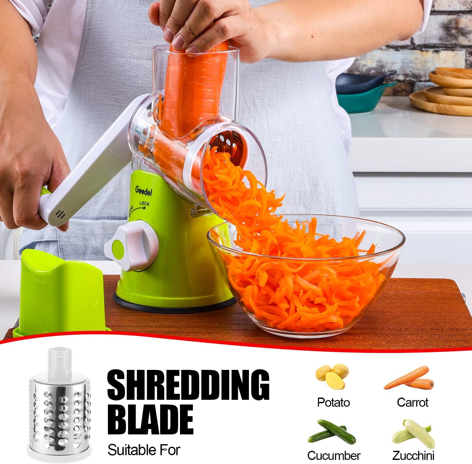 Geedel Rotary Cheese Grater, Kitchen Mandoline Vegetable Slicer with 3 Interchangeable Blades, Easy to Clean Rotary Grater Slicer for Fruit, Vegetables, Nuts, Green White5