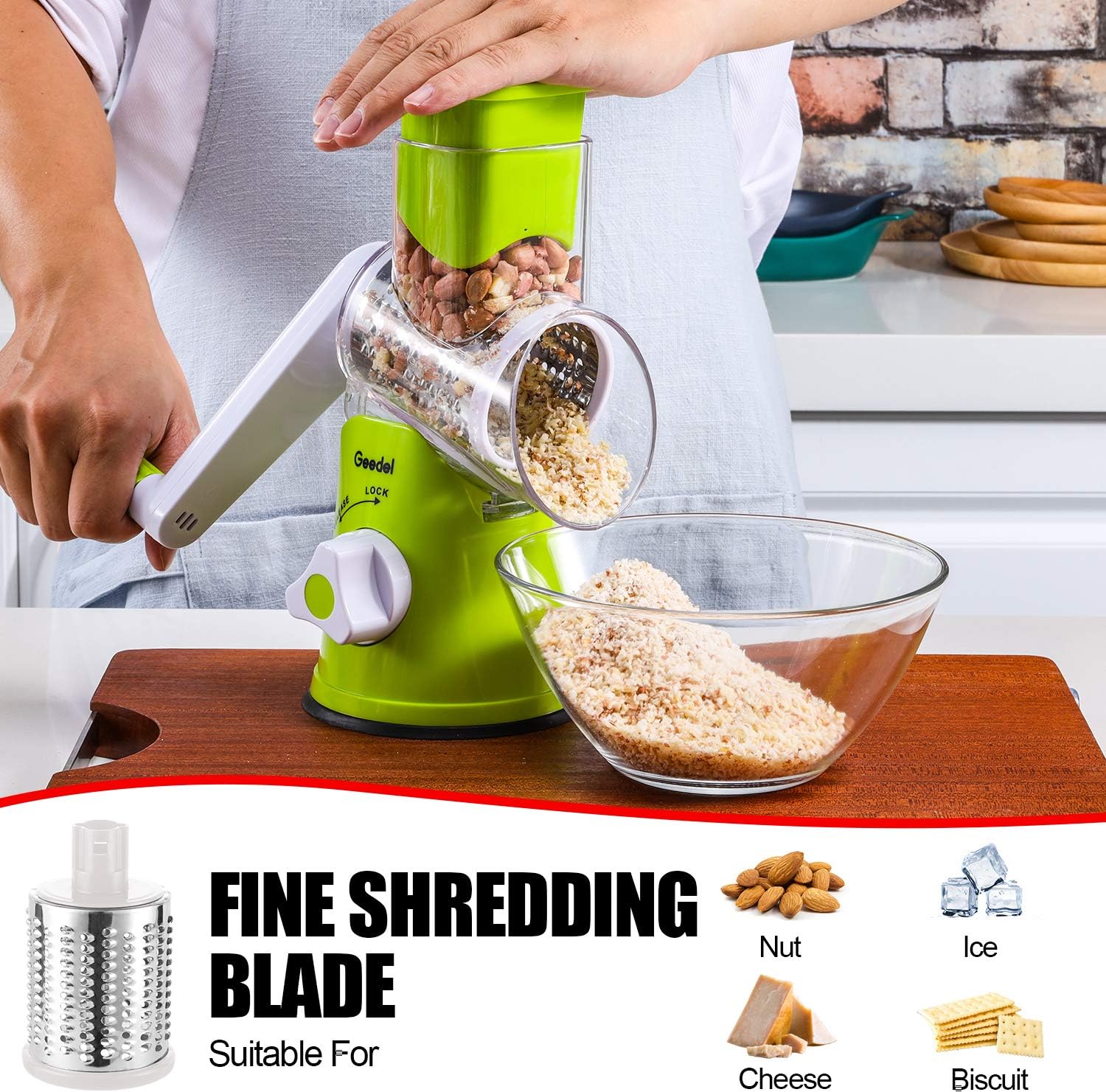 Geedel Rotary Cheese Grater, Kitchen Mandoline Vegetable Slicer with 3 Interchangeable Blades, Easy to Clean Rotary Grater Slicer for Fruit, Vegetables, Nuts, Green White7