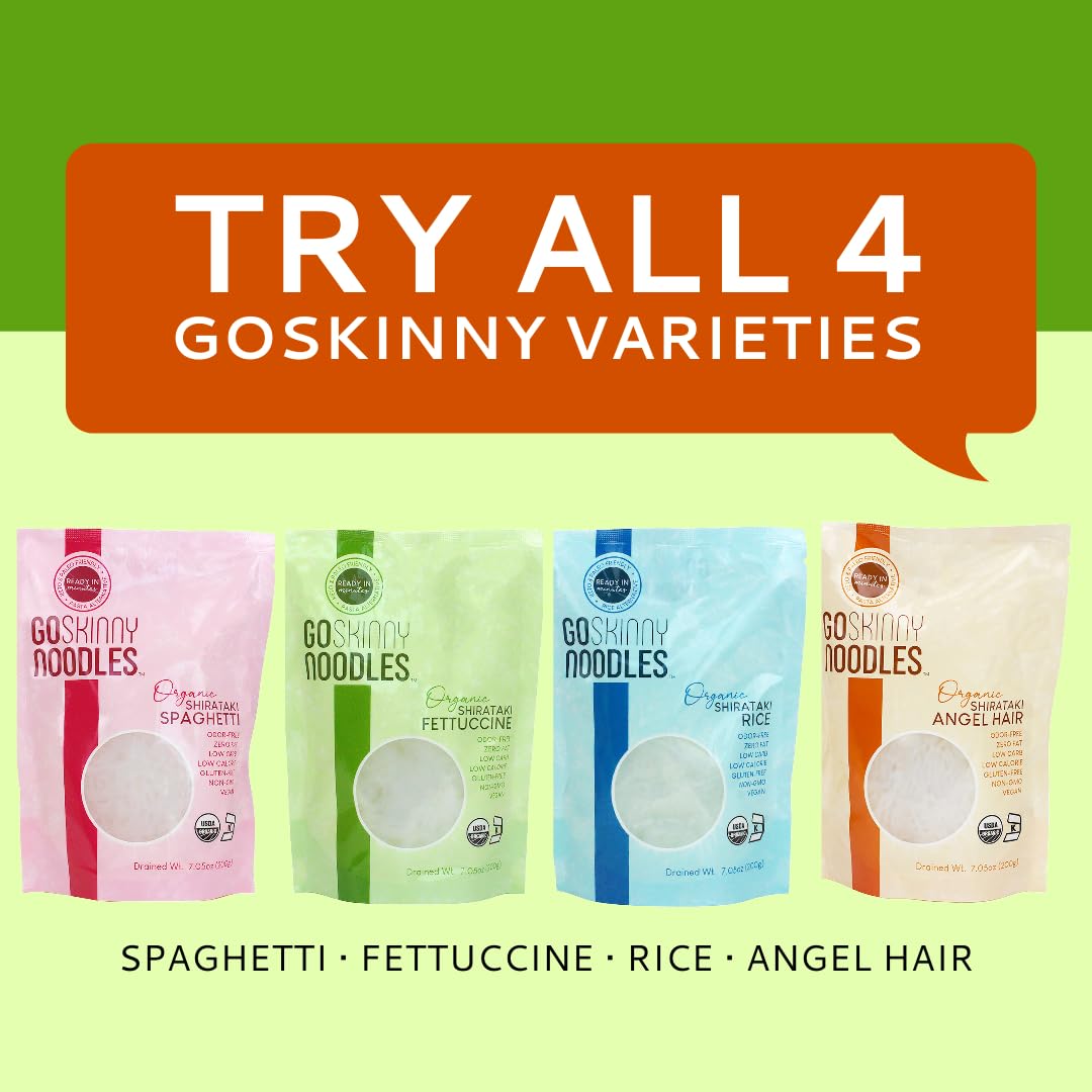 GoSkinny Noodles Fettuccine (12), Organic, Odorless Shirataki & Konjac Pasta, Low Carb, Low Calorie, Gluten Free, Vegan, Kosher, Keto, Paleo-Friendly, Ready in Minutes3