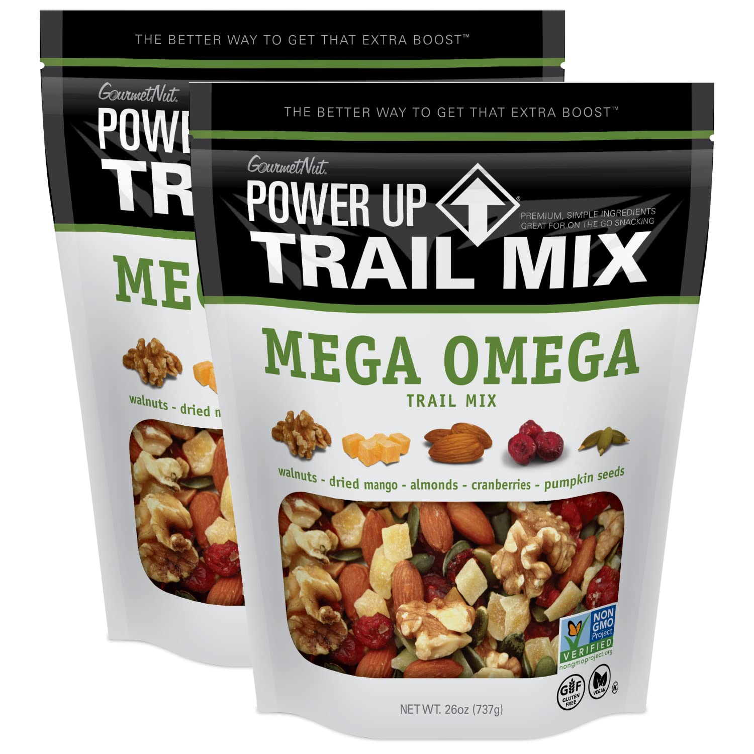 Gourmet Nut Power Up Trail Mix 26oz Each (2 PACK) Mega Omega Trail Mix 26 oz Each Bag Gourmet Nut Power Up Trail Mix 26oz Each (2 PACK) Mega Omega Trail Mix 26 oz Each Bag