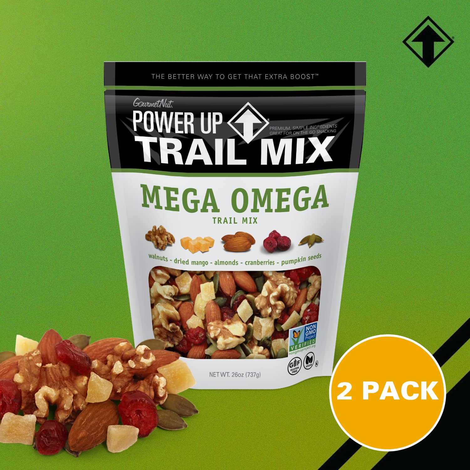 Gourmet Nut Power Up Trail Mix 26oz Each (2 PACK) Mega Omega Trail Mix 26 oz Each Bag1