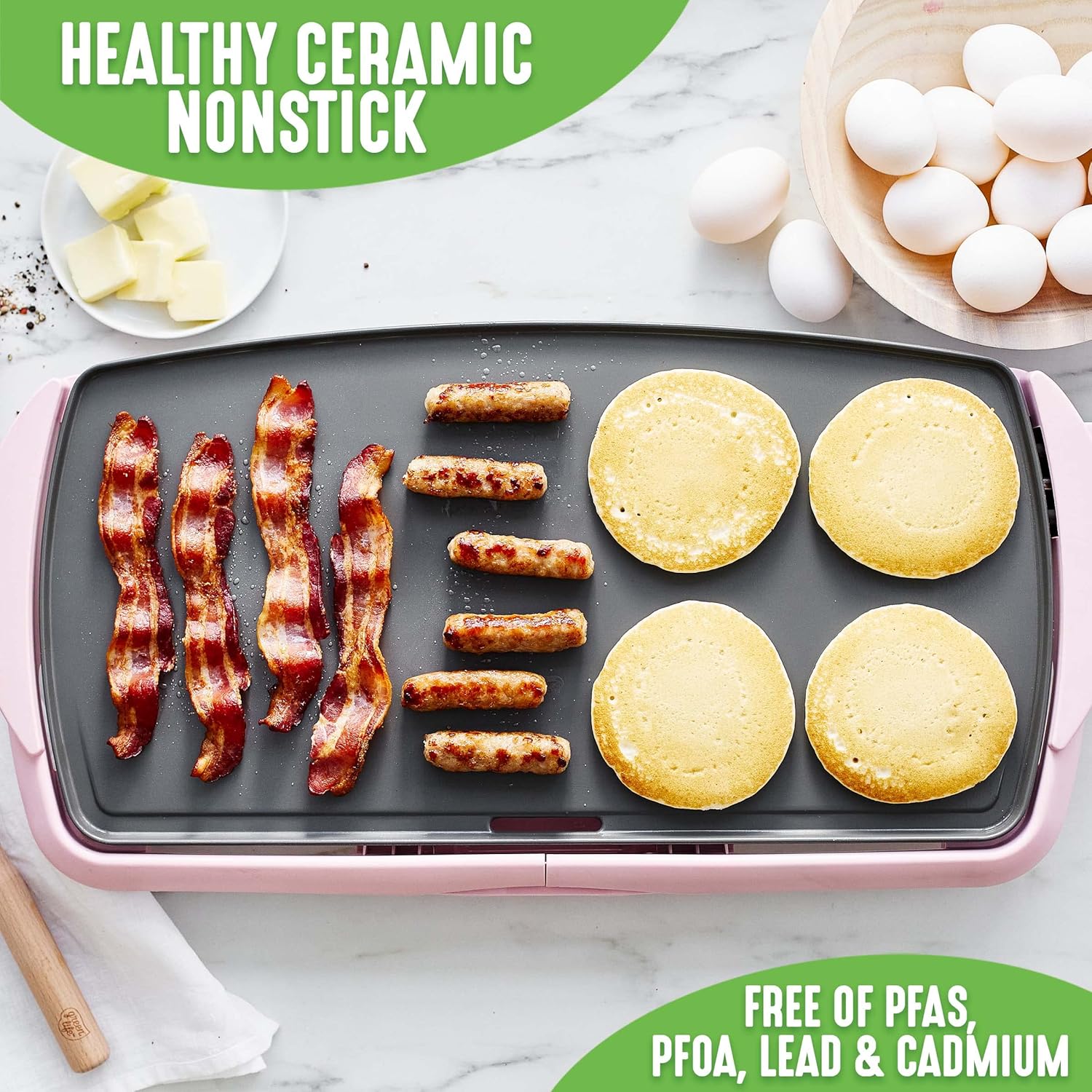 GreenLife 20” Extra Large Electric Griddle, Non-Toxic PFAS & PFOA-Free Ceramic Nonstick, Temperature Control, Quick Even Heating, Removable Drip Tray, Pancakes, Eggs, Sausage, Easy Clean, Pink1