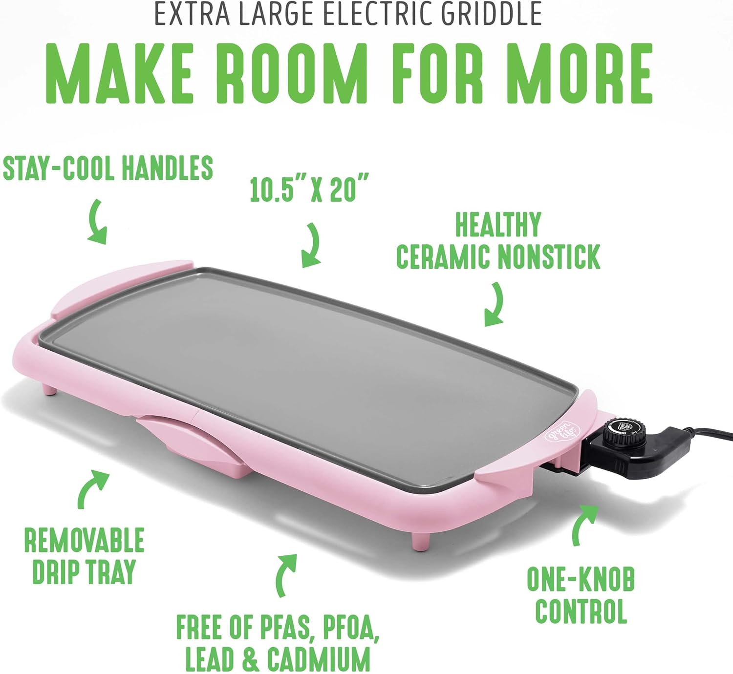 GreenLife 20” Extra Large Electric Griddle, Non-Toxic PFAS & PFOA-Free Ceramic Nonstick, Temperature Control, Quick Even Heating, Removable Drip Tray, Pancakes, Eggs, Sausage, Easy Clean, Pink2
