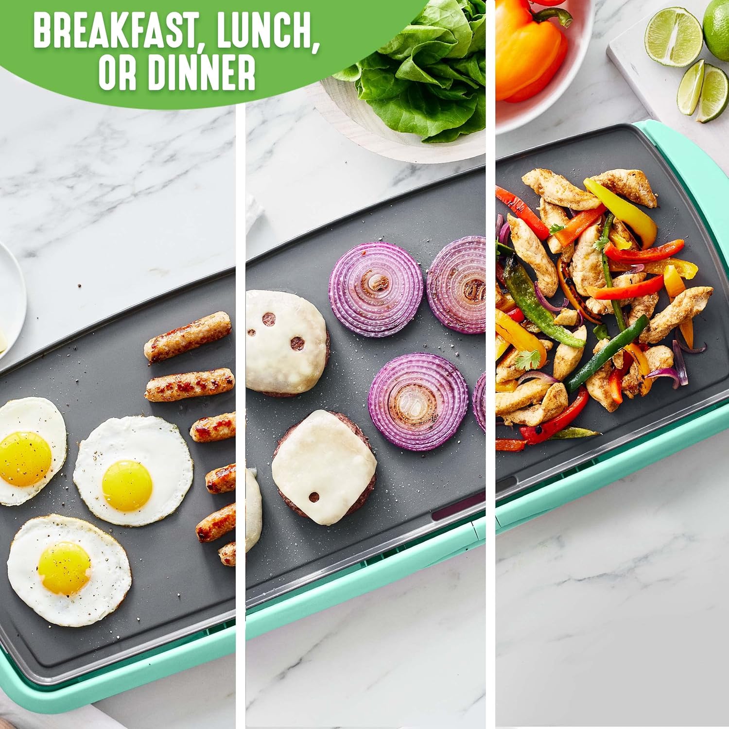 GreenLife 20” Extra Large Electric Griddle, Non-Toxic PFAS & PFOA-Free Ceramic Nonstick, Temperature Control, Quick Even Heating, Removable Drip Tray, Pancakes, Eggs, Sausage, Easy Clean, Turquoise0