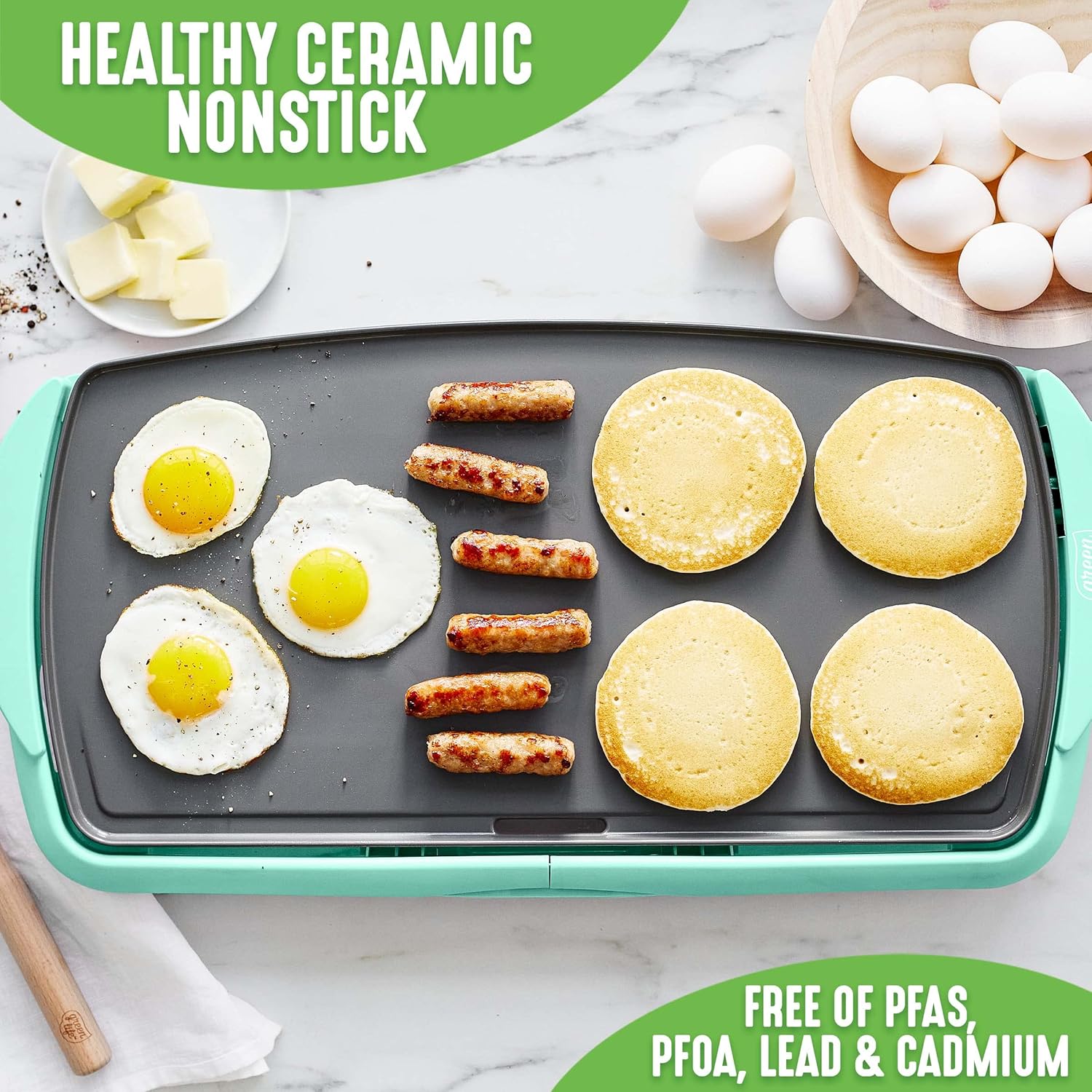 GreenLife 20” Extra Large Electric Griddle, Non-Toxic PFAS & PFOA-Free Ceramic Nonstick, Temperature Control, Quick Even Heating, Removable Drip Tray, Pancakes, Eggs, Sausage, Easy Clean, Turquoise1