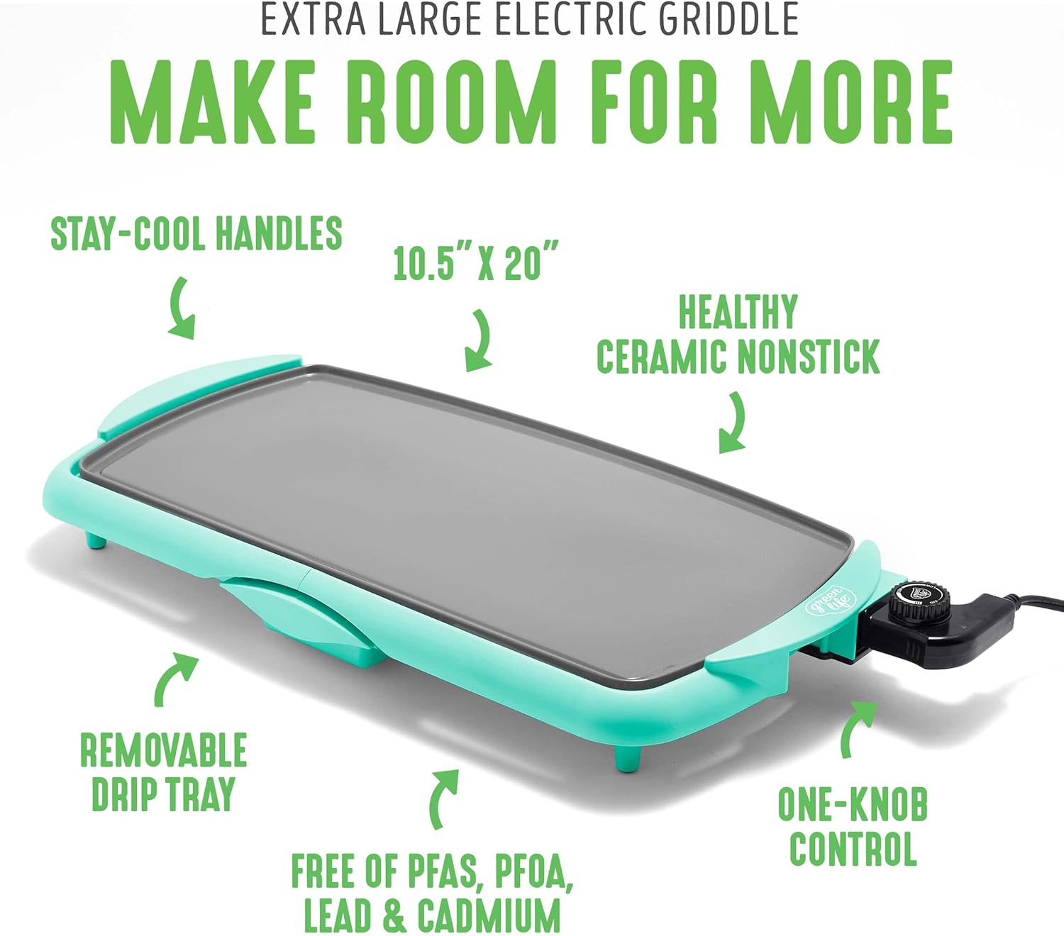 GreenLife 20” Extra Large Electric Griddle, Non-Toxic PFAS & PFOA-Free Ceramic Nonstick, Temperature Control, Quick Even Heating, Removable Drip Tray, Pancakes, Eggs, Sausage, Easy Clean, Turquoise4