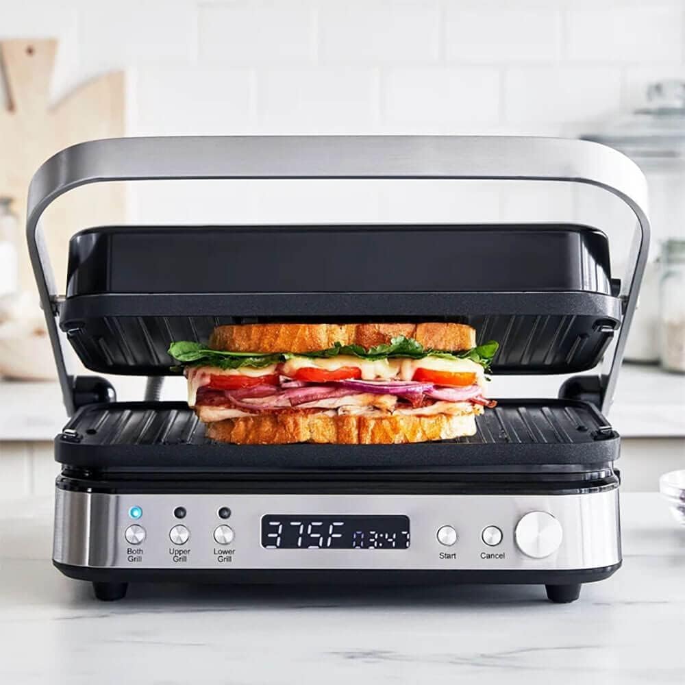 GreenPan Electric Indoor Stainless Steel 6-in-1 Contact Grill and Griddle, Healthy Ceramic Nonstick, Dishwasher Safe Reversible Plates, PFAS-Free`2