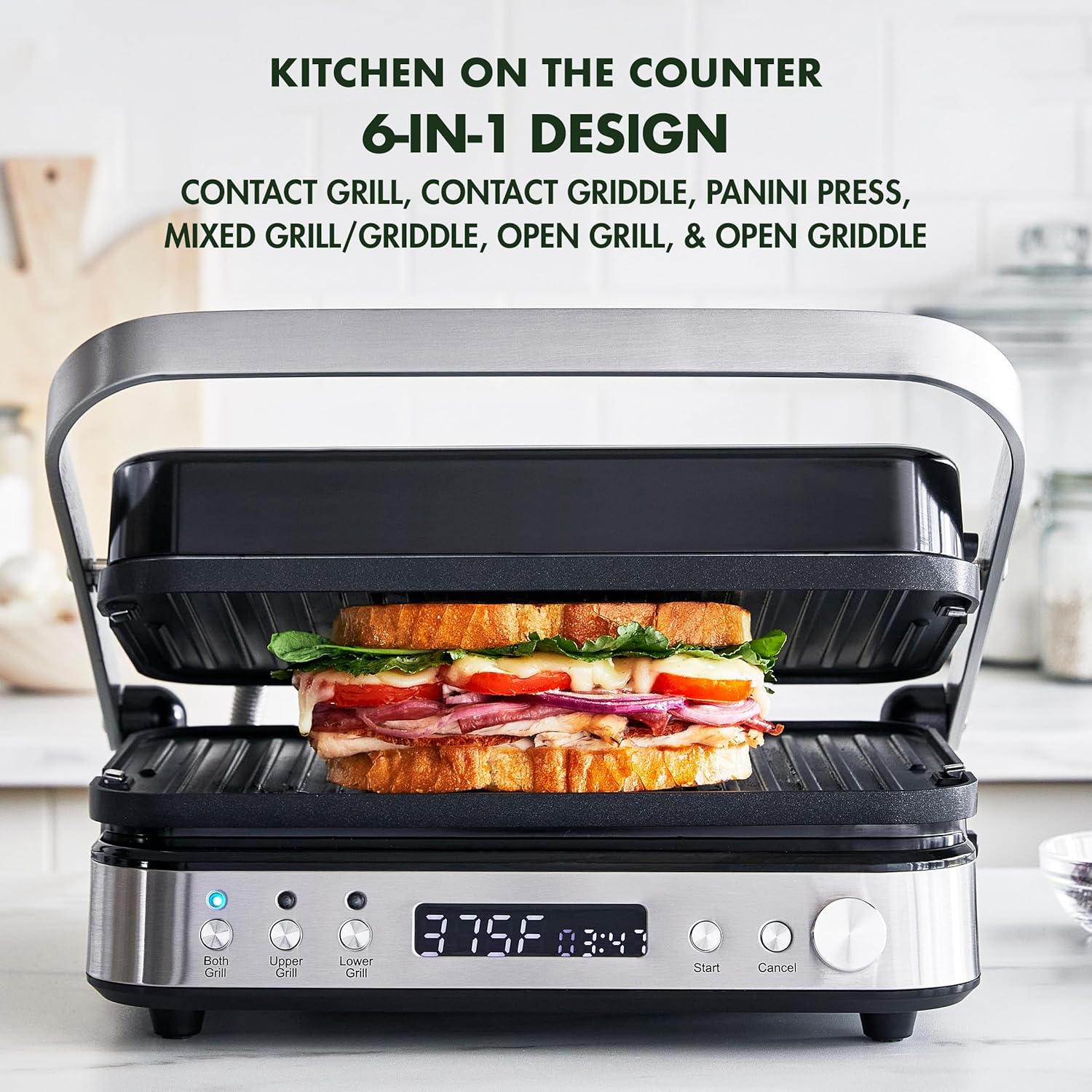 GreenPan Electric Indoor Stainless Steel 6-in-1 Contact Grill and Griddle, Healthy Ceramic Nonstick, Dishwasher Safe Reversible Plates, PFAS-Free3