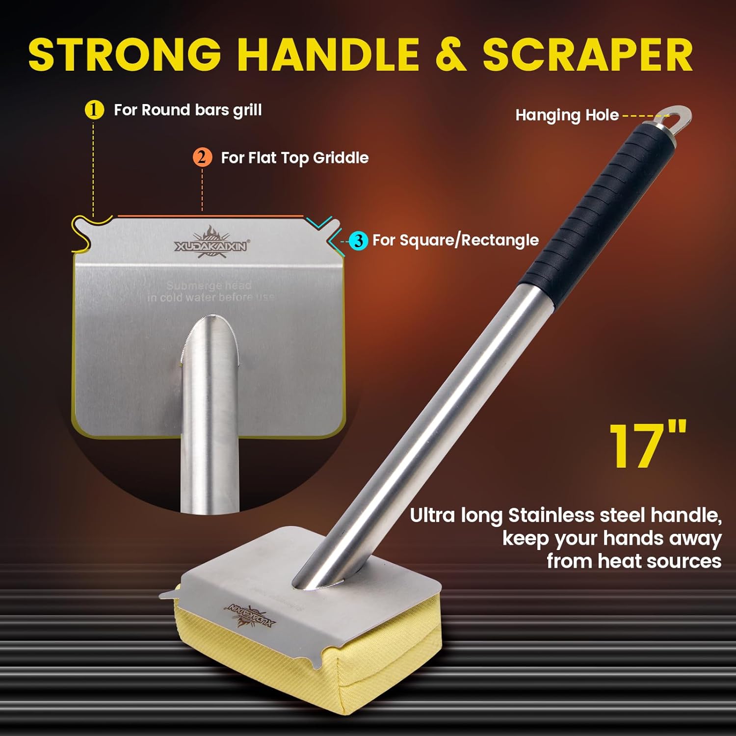 Grill Brush Bristle Free,Unique Kevlar Fiber Twill pad Perfect for Cast Iron Stainless-Steel Grates,Replaceable Cleaning Head,Safe Grill Brush for Outdoor Grill,Gifts for Men Dad34