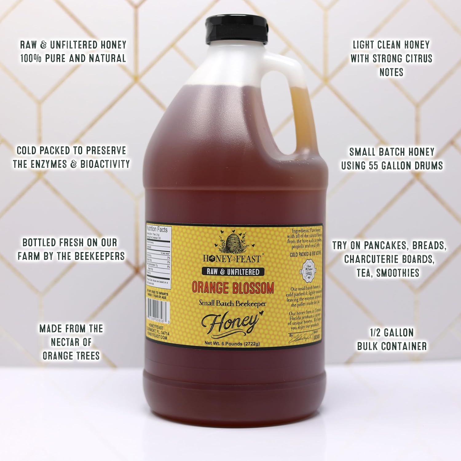 HONEY FEAST Raw Orange Blossom Honey - 6lb Bulk Honey, All Natural, Unfiltered, Unheated Honey from Oranges, Perfect for Sweetening & Baking1