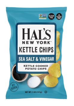 Hal's New York Kettle Chips, Sea Salt & Vinegar Kettle Cooked Potato Chips, No Artificial Colors or Flavors, Kosher, Gluten Free & Non-GMO, 5 Ounce (Pack of 12)