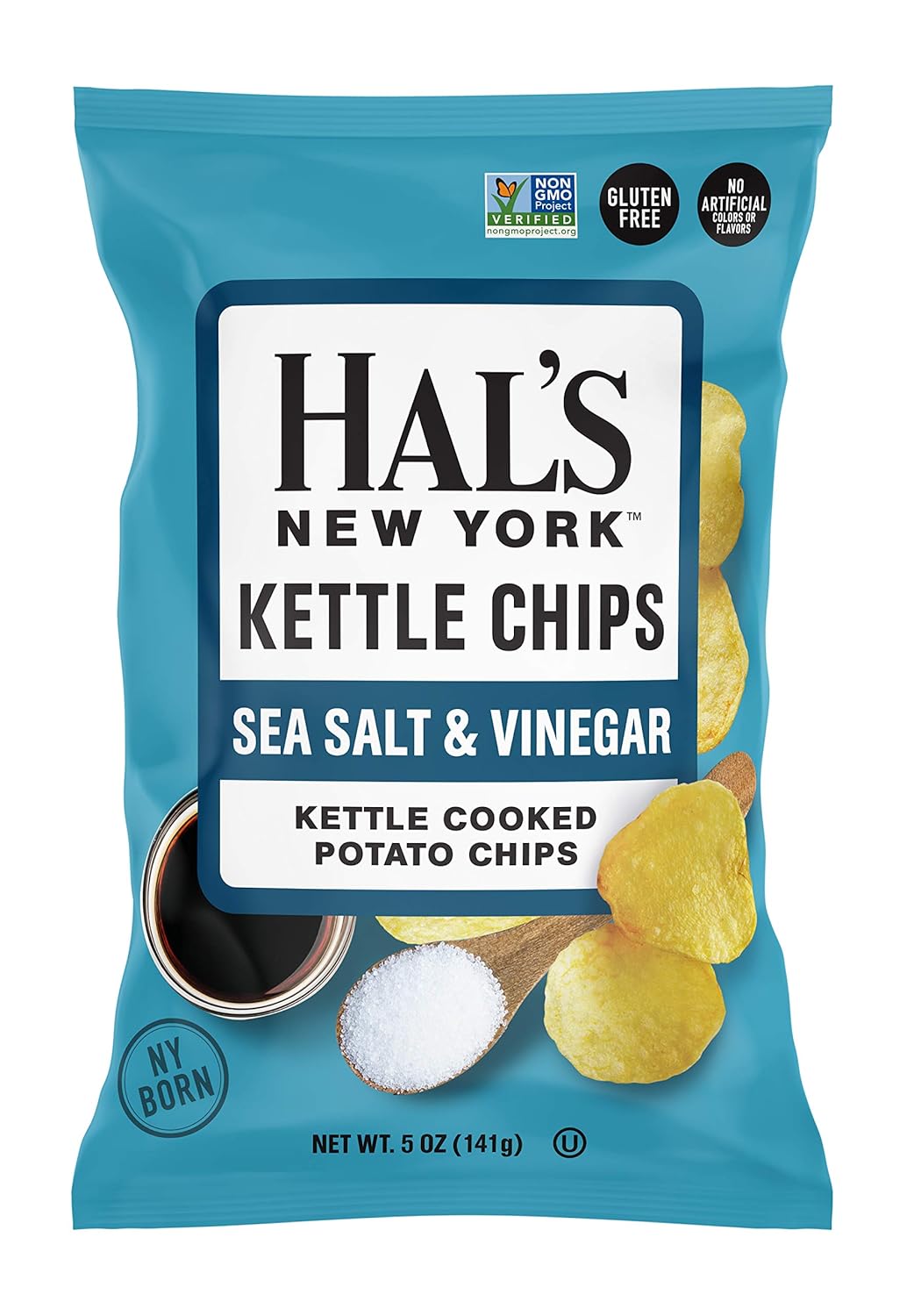 Hal's New York Kettle Chips, Sea Salt & Vinegar Kettle Cooked Potato Chips, No Artificial Colors or Flavors, Kosher, Gluten Free & Non-GMO, 5 Ounce (Pack of 12) Hal's New York Kettle Chips, Sea Salt & Vinegar Kettle Cooked Potato Chips, No Artificial Colors or Flavors, Kosher, Gluten Free & Non-GMO, 5 Ounce (Pack of 12)