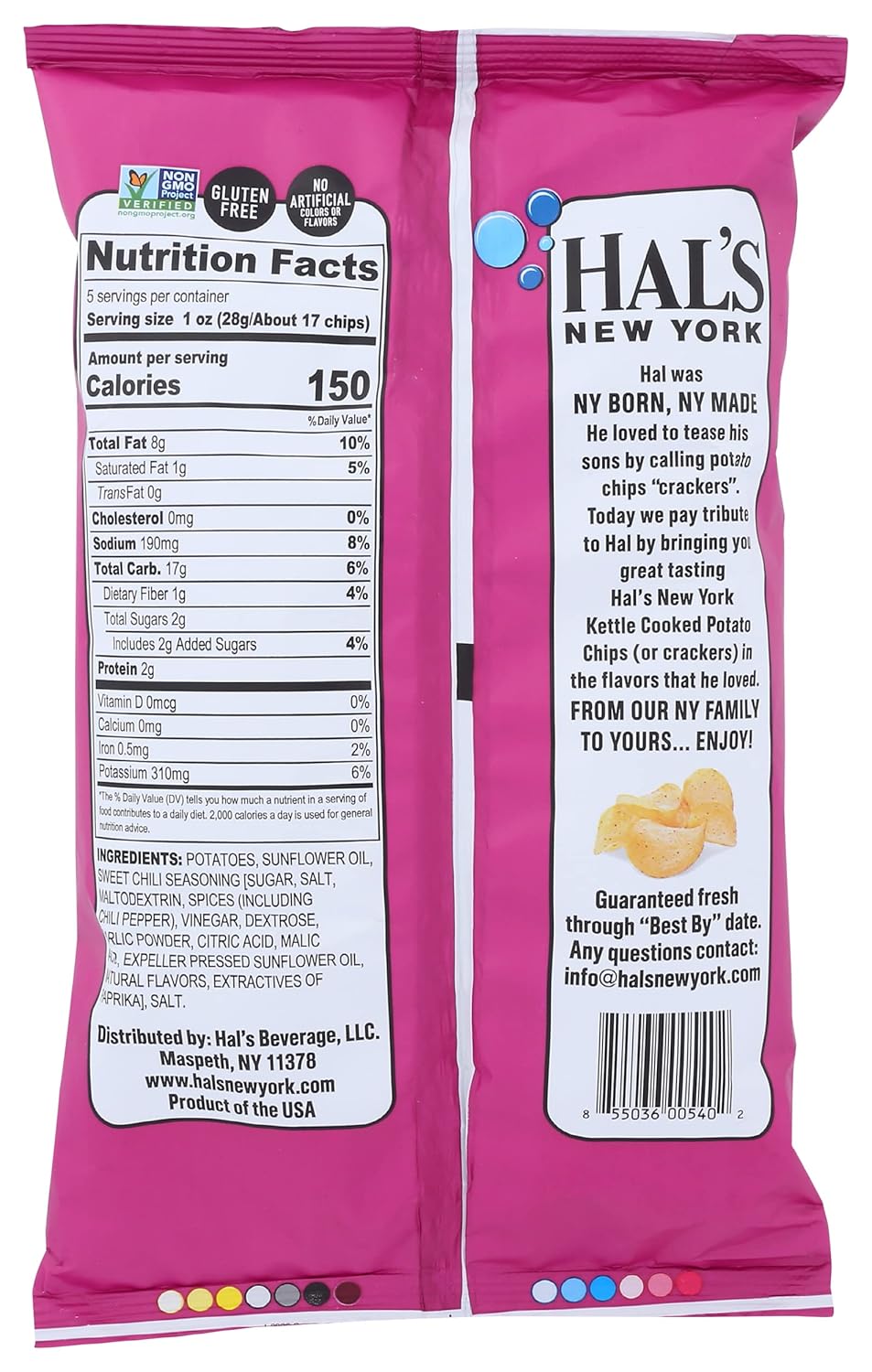 Hal's New York Kettle Cooked Potato Chips, Gluten Free, Sweet Chili, 5 oz Bag (Pack of 12)6