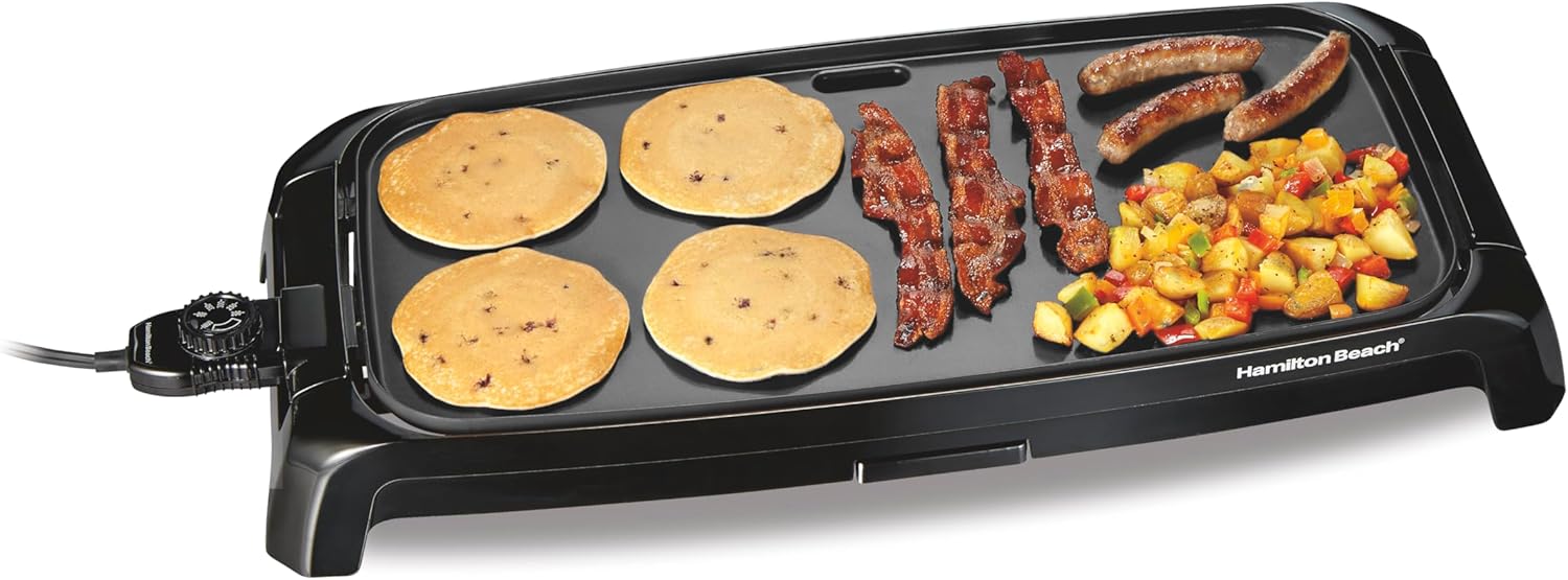 Hamilton Beach 200 Sq. In. Electric Griddle With Adjustable Temperature for 200 to 400 degrees, PTFE & PFOA Free Durathon Ceramic Reversible Nonstick Surface, Black (38522) Hamilton Beach 200 Sq. In. Electric Griddle With Adjustable Temperature for 200 to 400 degrees, PTFE & PFOA Free Durathon Ceramic Reversible Nonstick Surface, Black (38522)