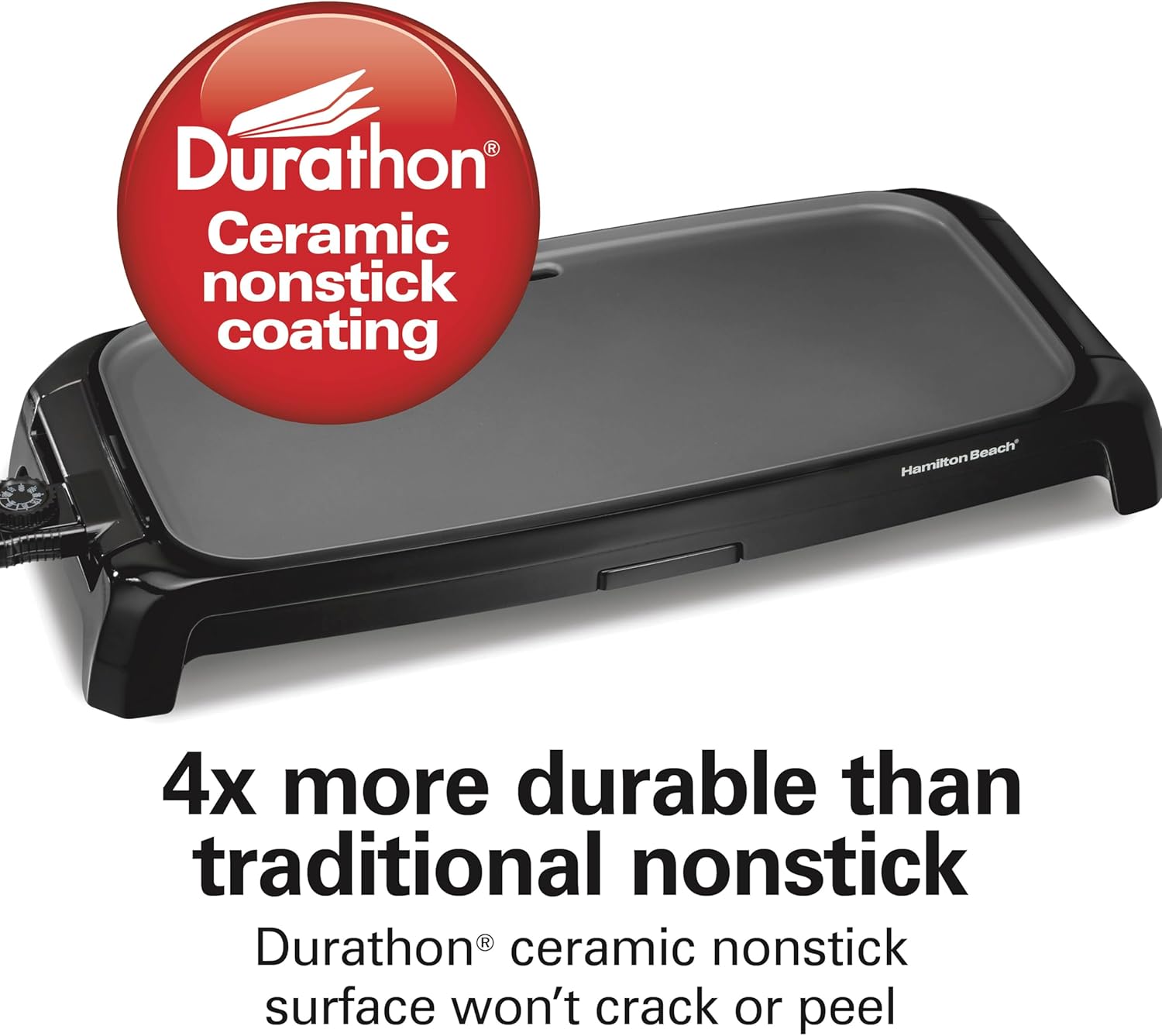 Hamilton Beach 200 Sq. In. Electric Griddle With Adjustable Temperature for 200 to 400 degrees, PTFE & PFOA Free Durathon Ceramic Reversible Nonstick Surface, Black (38522)3