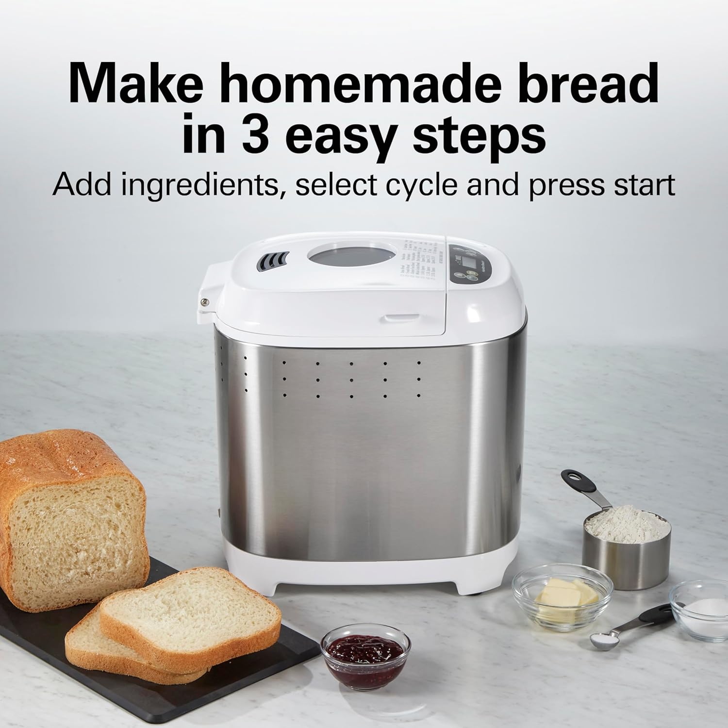 Hamilton Beach Digital Electric Bread Maker Machine Artisan and Gluten-Free, 2 lbs Capacity, 14 Settings, White and Stainless Steel (29987)`1