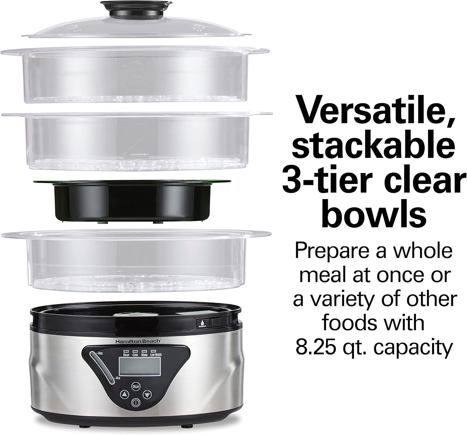 Hamilton Beach Digital Electric Food Steamer & Rice Cooker for Quick, Healthy Cooking with Stackable Three-Tier Bowls for Vegetables and Seafood, 8.25 Quart, Black & Stainless Steel12