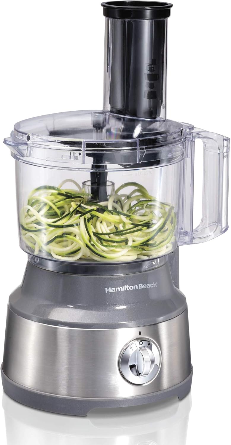 Hamilton Beach Food Processor & Vegetable Chopper for Slicing, Shredding, Mincing, and Puree, 10 Cups + Veggie Spiralizer makes Zoodles and Ribbons, Grey and Stainless Steel (70735) Hamilton Beach Food Processor & Vegetable Chopper for Slicing, Shredding, Mincing, and Puree, 10 Cups + Veggie Spiralizer makes Zoodles and Ribbons, Grey and Stainless Steel (70735)